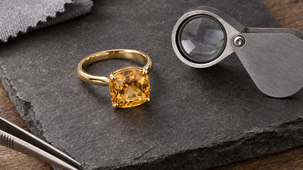 Illustrative gold-tone ring with a yellow-orange stone resting on a slate tile beside a jeweler's loupe. This is an illustrative conceptual image, not a verified depiction of specific topaz products, gold purity, or retail inventory.