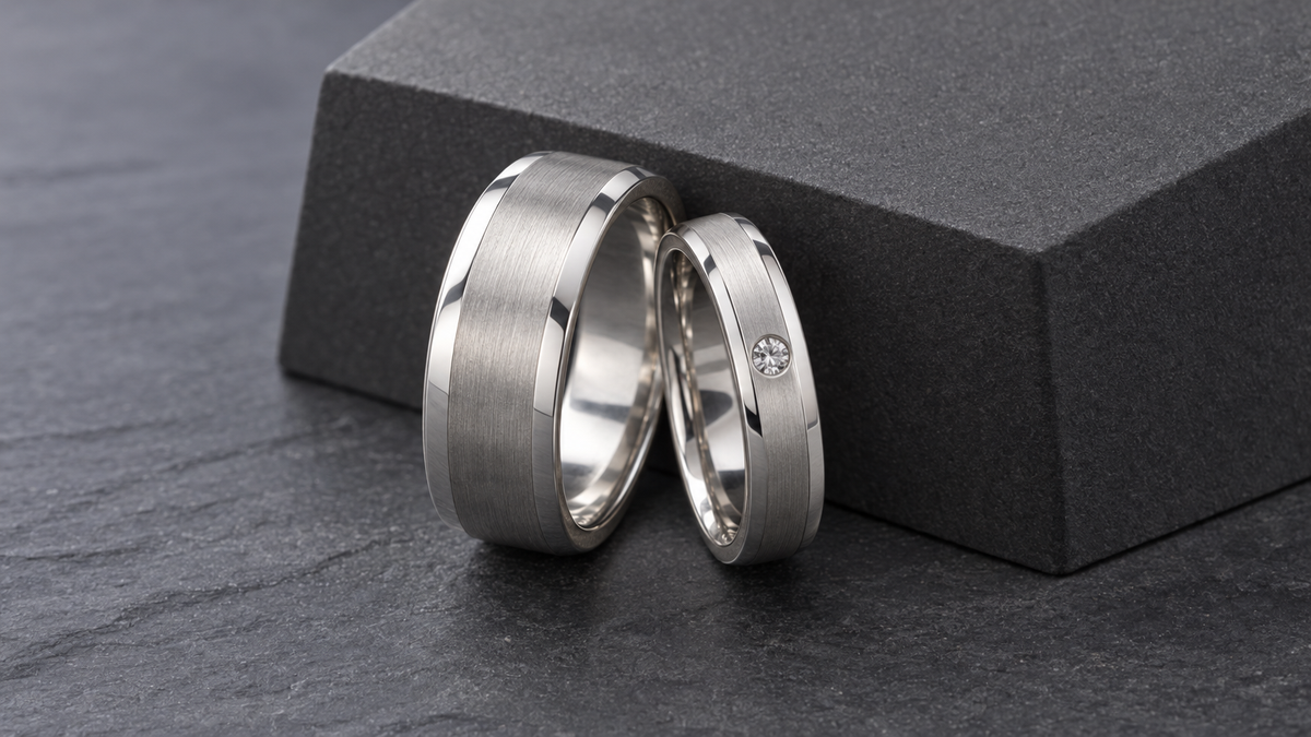 Illustrative silver-tone ring pair on gray stone; not verified depictions of the recommended products.