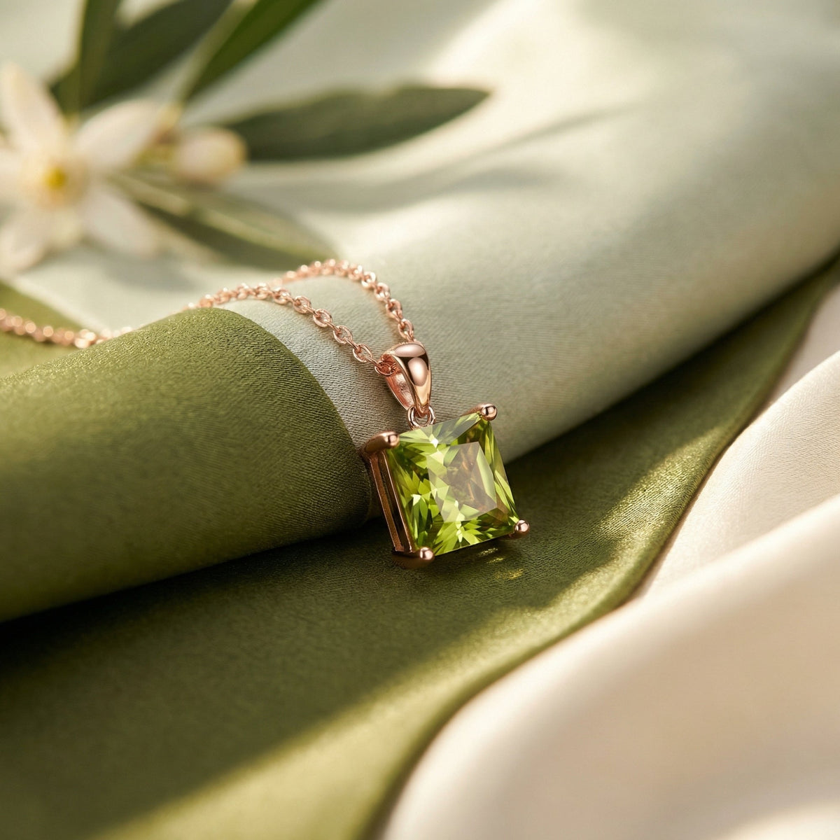 Rectangular light green gemstone pendant on a rose-gold-toned chain on draped green silk.