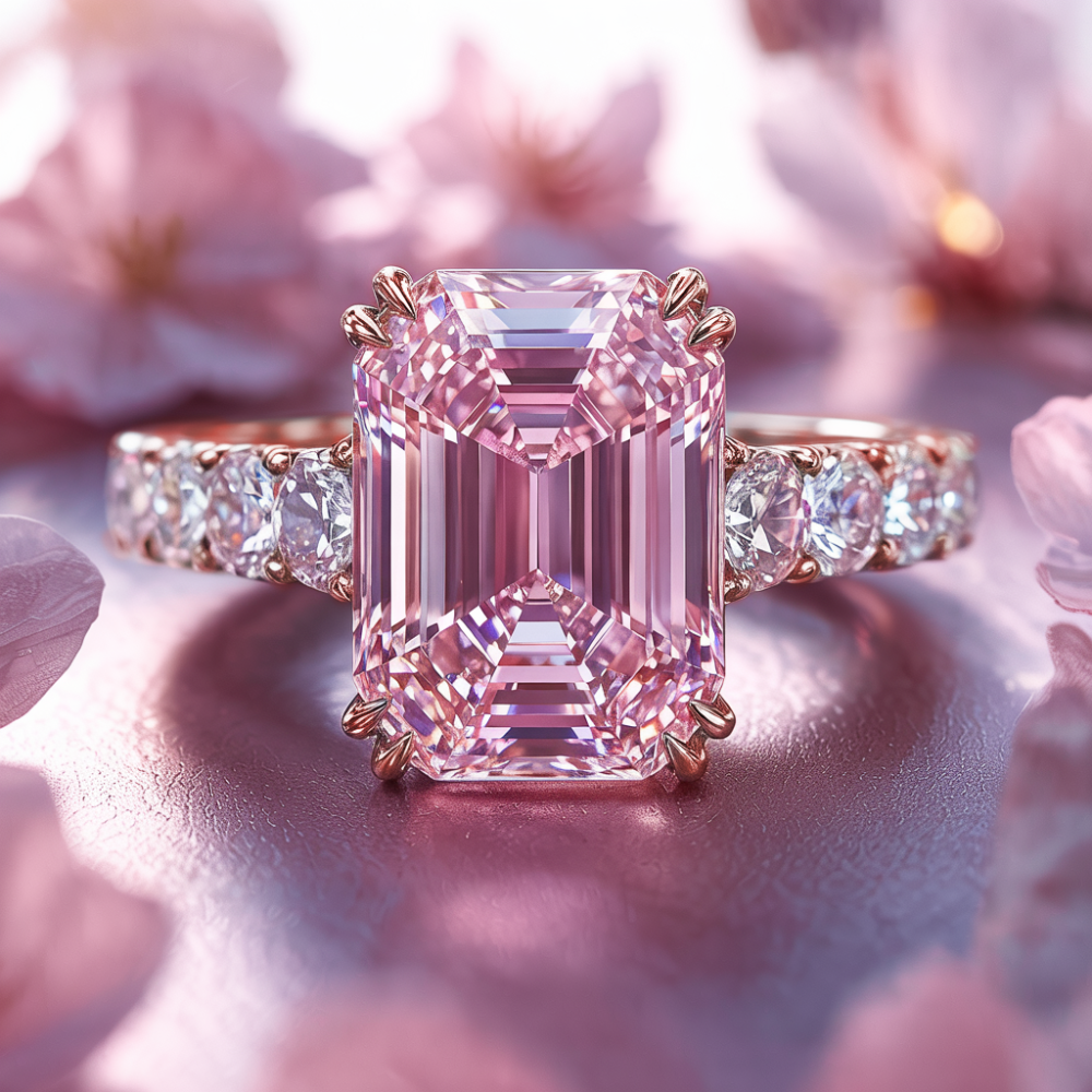 Rose gold-toned ring with a large emerald-cut pink gemstone and round clear side stones amid pink petals.