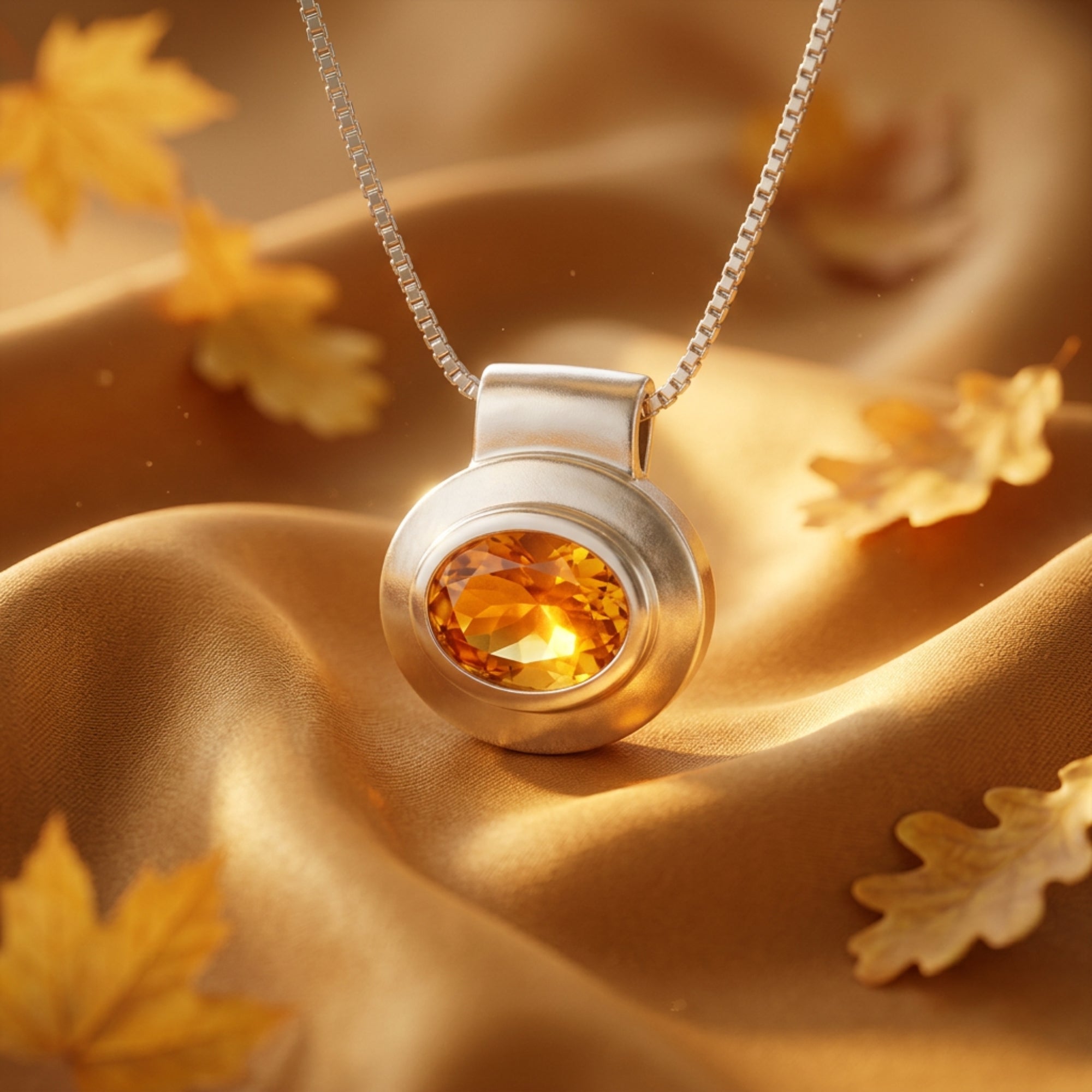 Oval-cut natural citrine pendant in silver on a gold fabric background with autumn leaves.