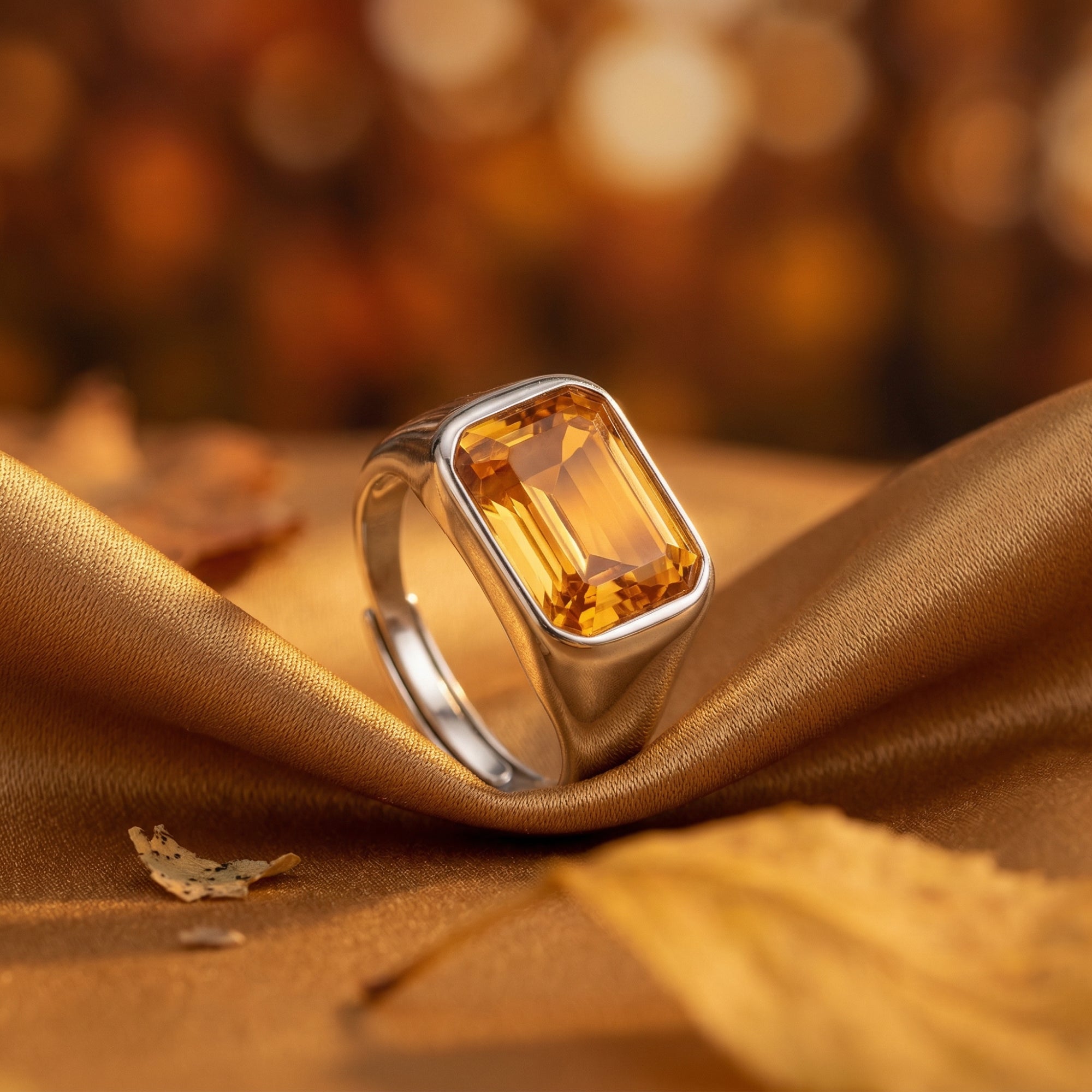 Emerald-cut natural citrine ring in silver resting on gold satin fabric with autumn leaves.