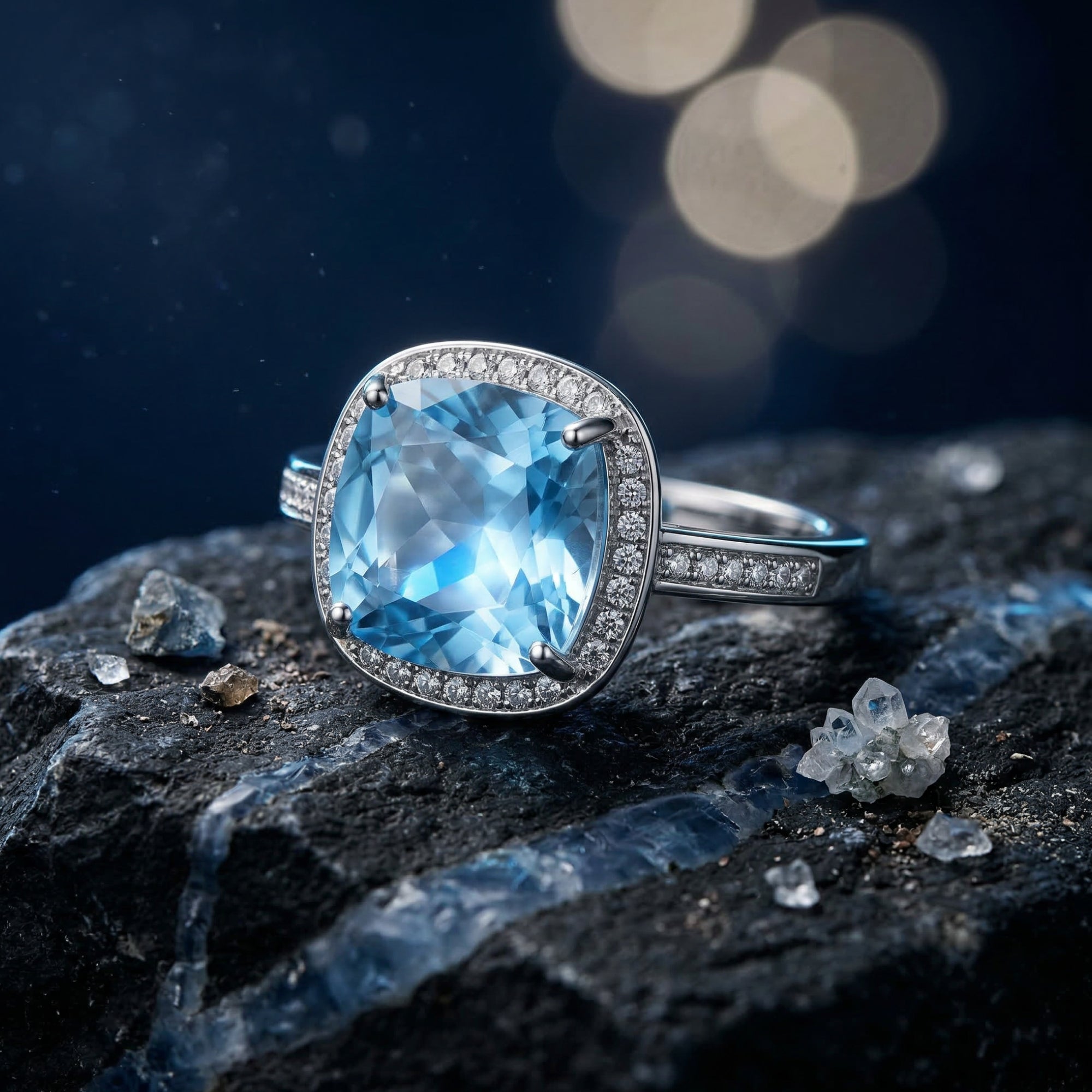 Cushion cut natural blue topaz ring in S925 sterling silver halo setting on a dark rocky surface.