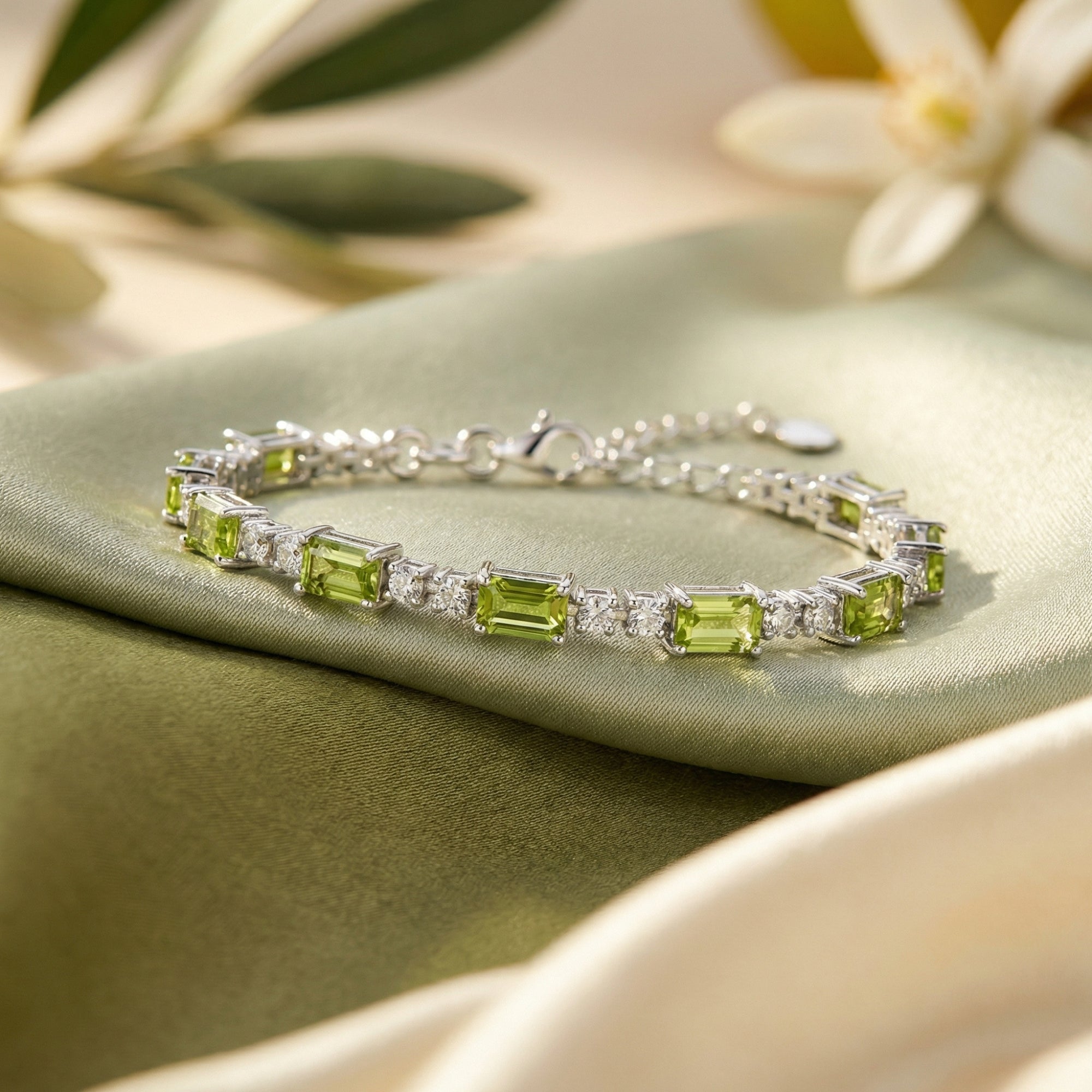 Emerald cut peridot tennis bracelet in sterling silver resting on green silk fabric with floral accents.
