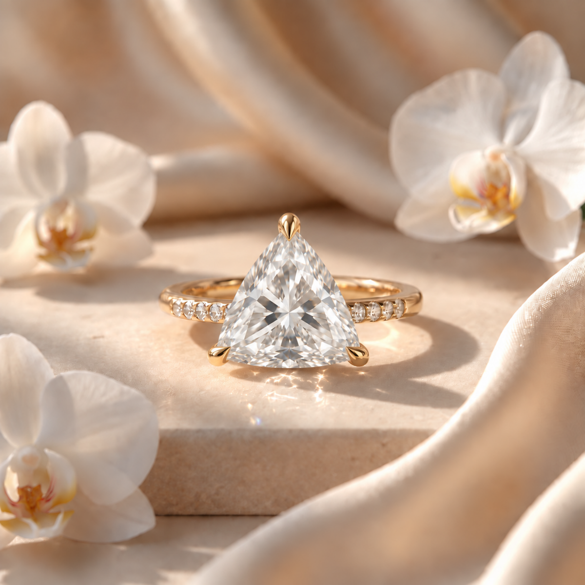 Front view of a yellow gold trillion-cut moissanite engagement ring with a pavé band on a beige stone surface.