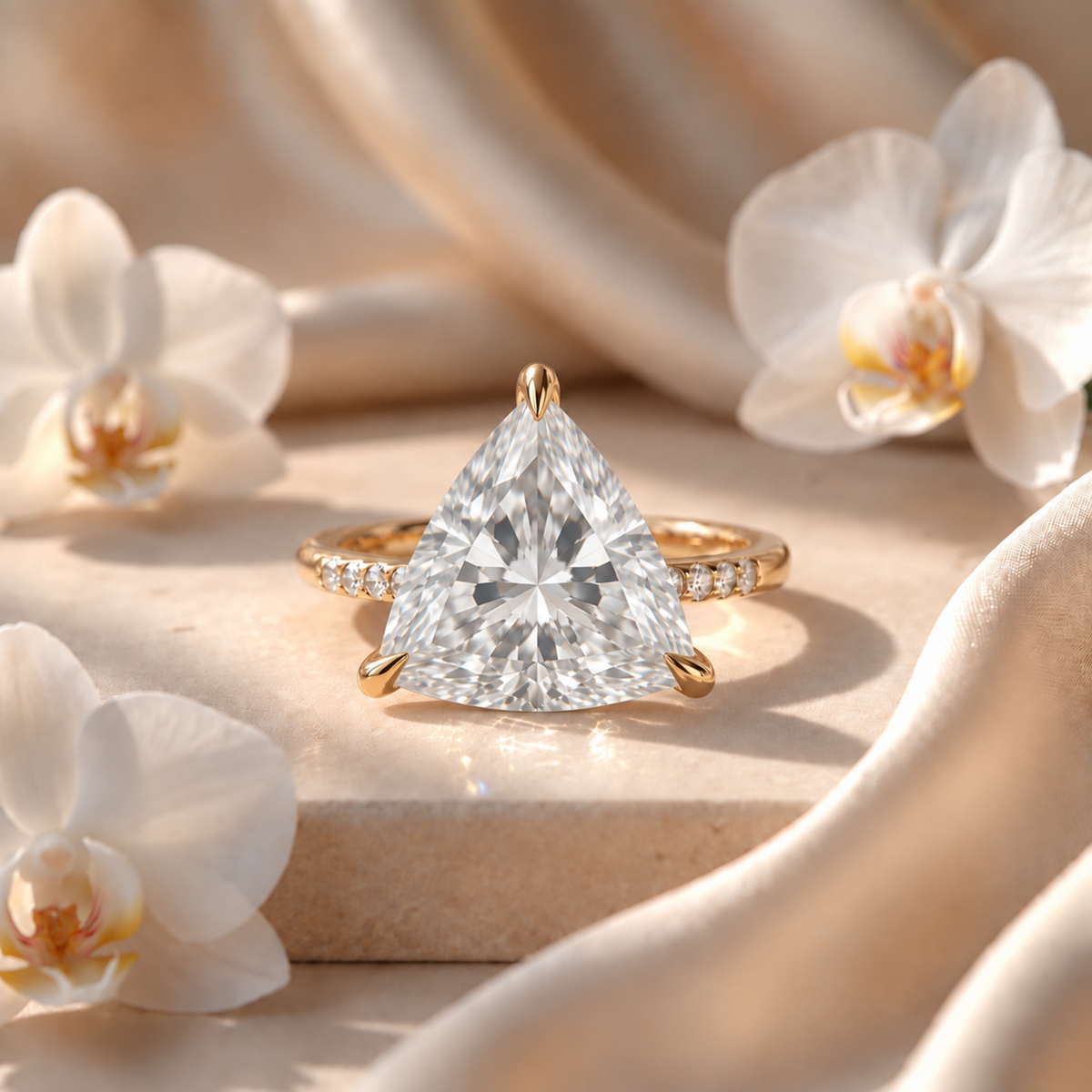 Yellow gold engagement ring featuring a trillion-cut moissanite center stone with a pavé band.