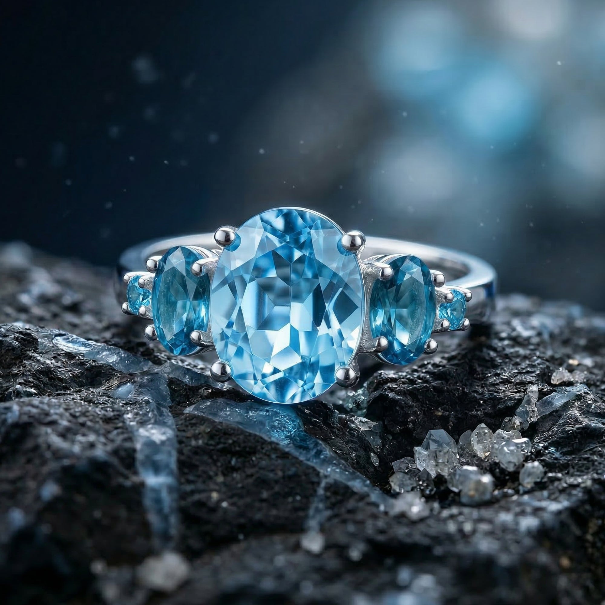 Oval cut natural blue topaz sterling silver ring shown frontally on dark mineral rocks.