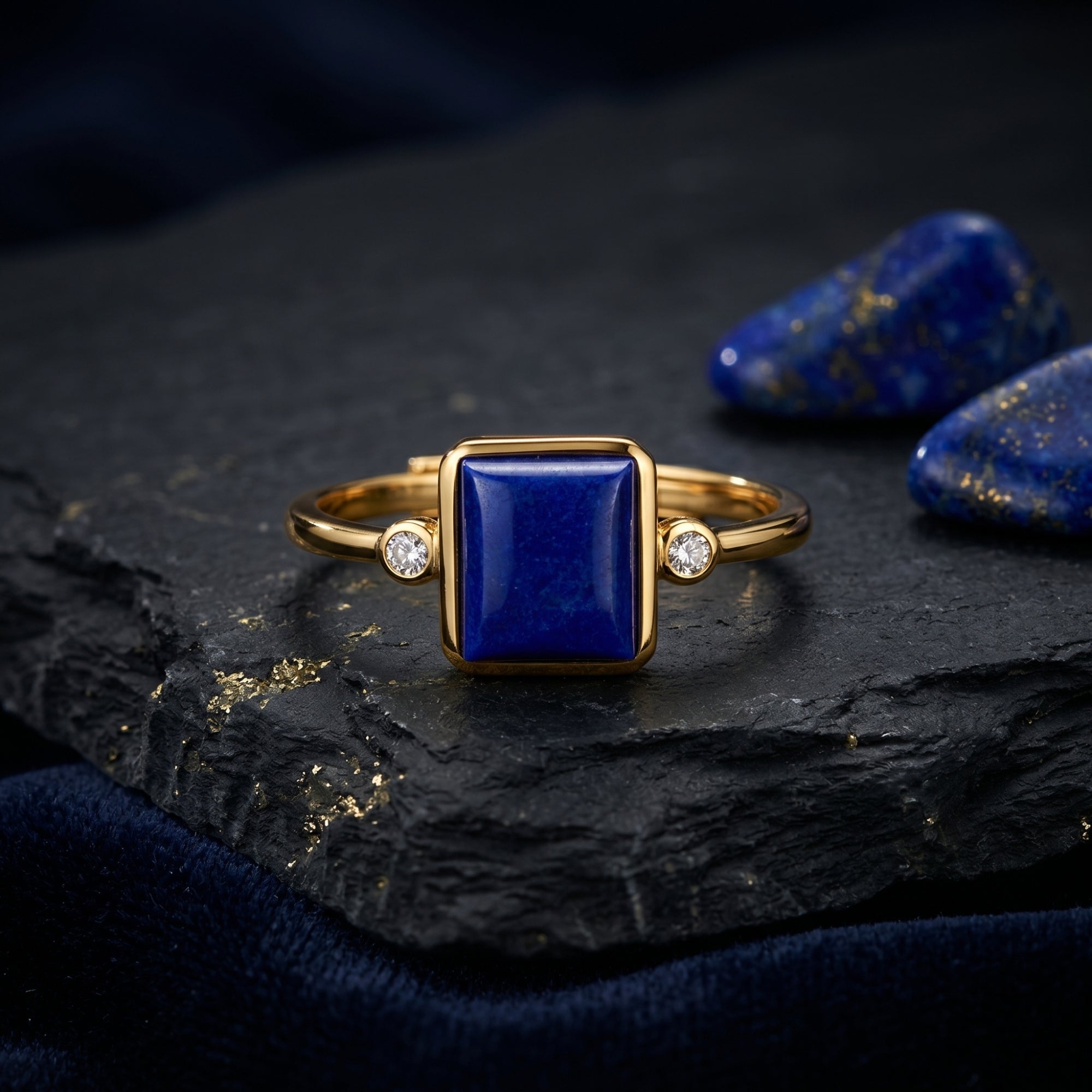 Yellow gold ring with a rectangular natural lapis lazuli stone and side accents on a dark textured rock.