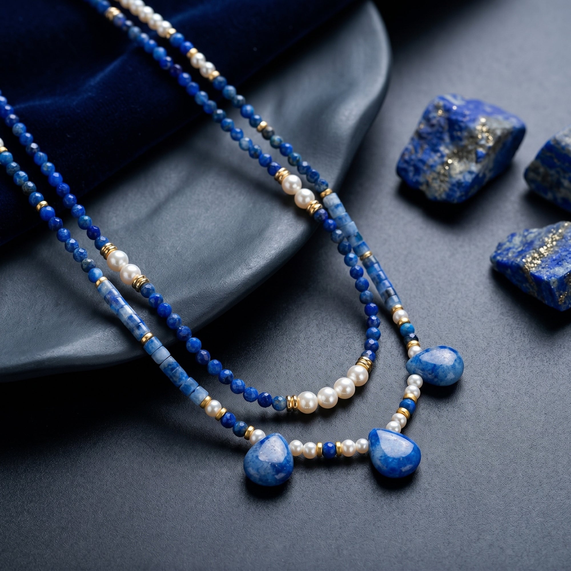 Detail of pear-cut lapis pendants and gold-plated beads on a layered necklace with raw lapis stones.