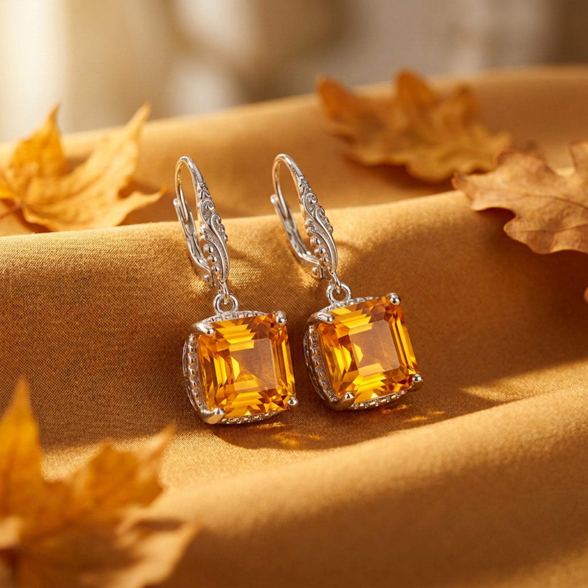 Square cut natural citrine drop earrings in silver on a gold fabric background with autumn leaves.