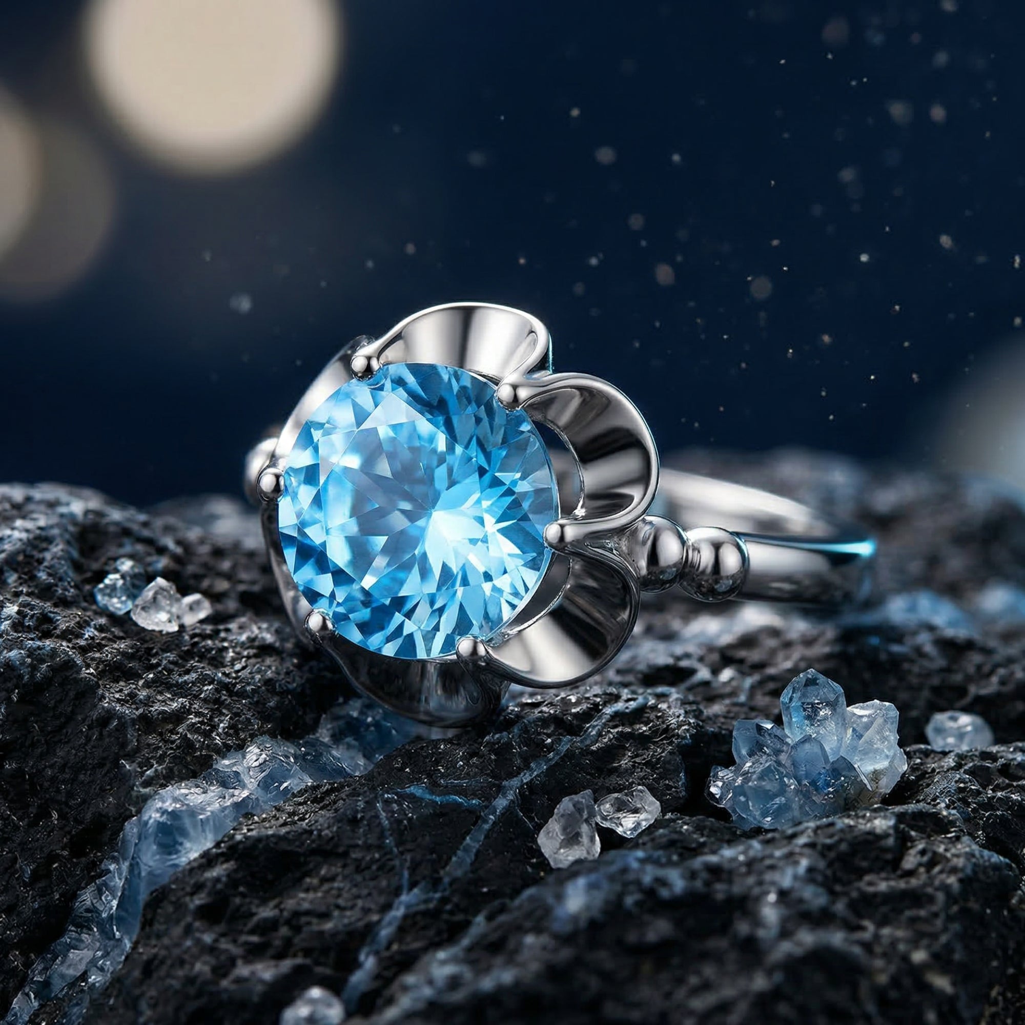 Round cut blue topaz solitaire ring in a sterling silver flower setting on dark volcanic rock.