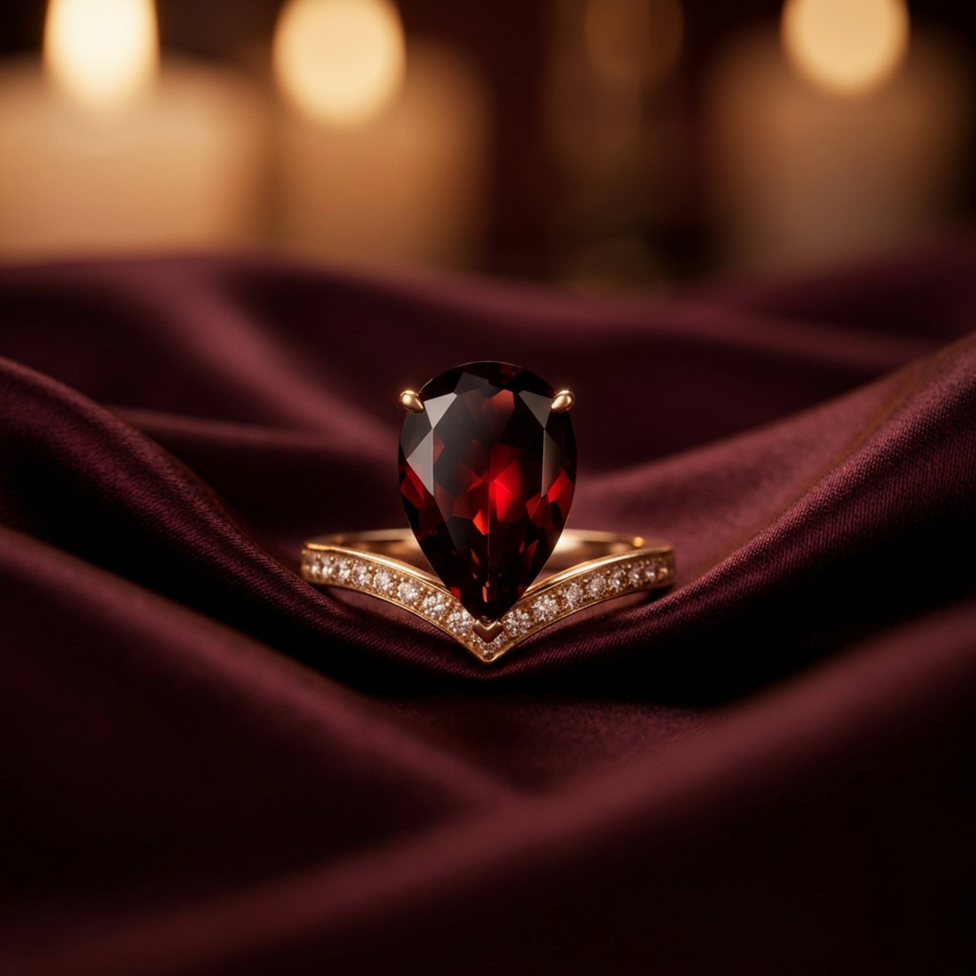 Pear cut garnet ring in 18K rose gold with a diamond chevron band, resting on burgundy silk with candle bokeh.