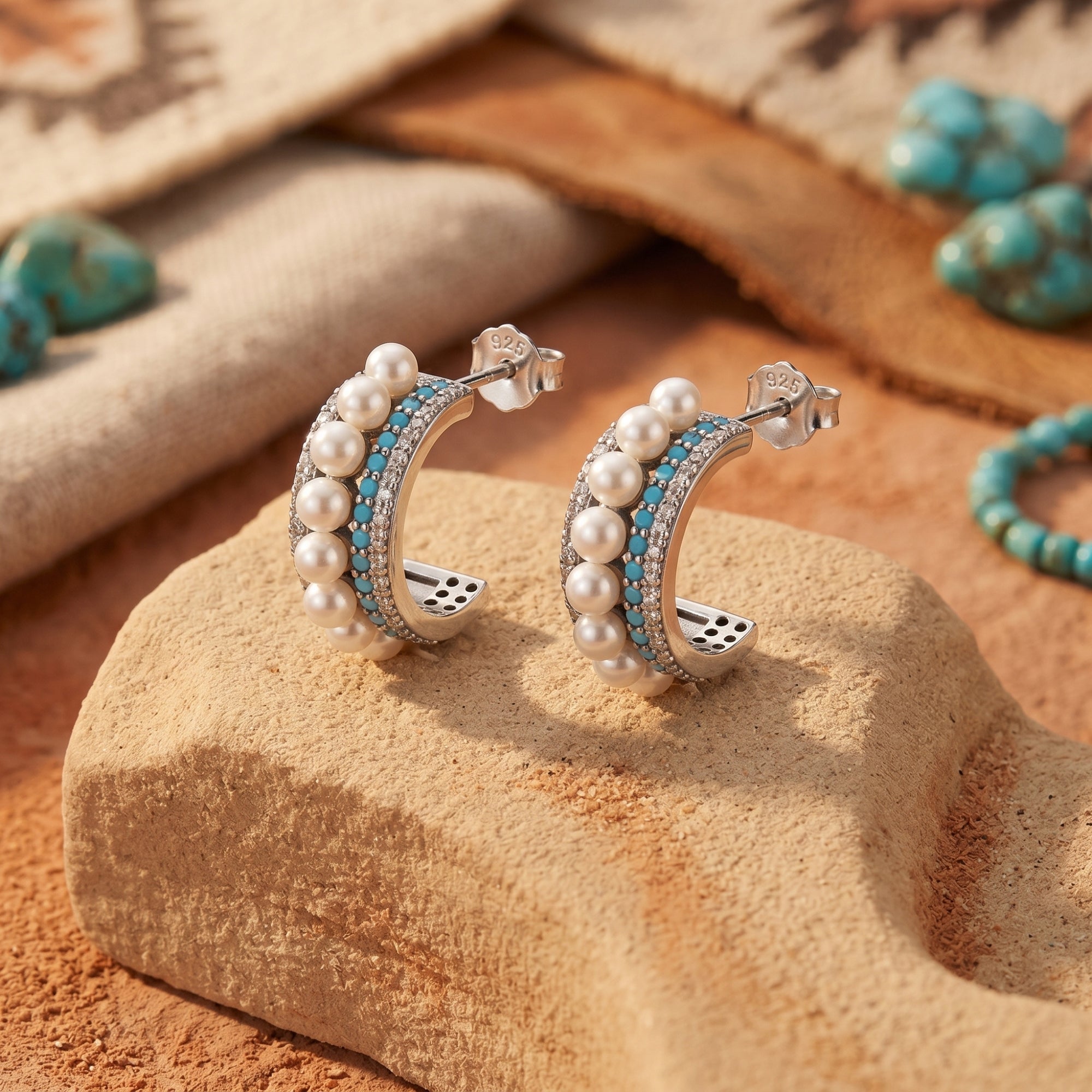 Silver C-hoop earrings with round pearls and turquoise beads on a desert stone lifestyle background.