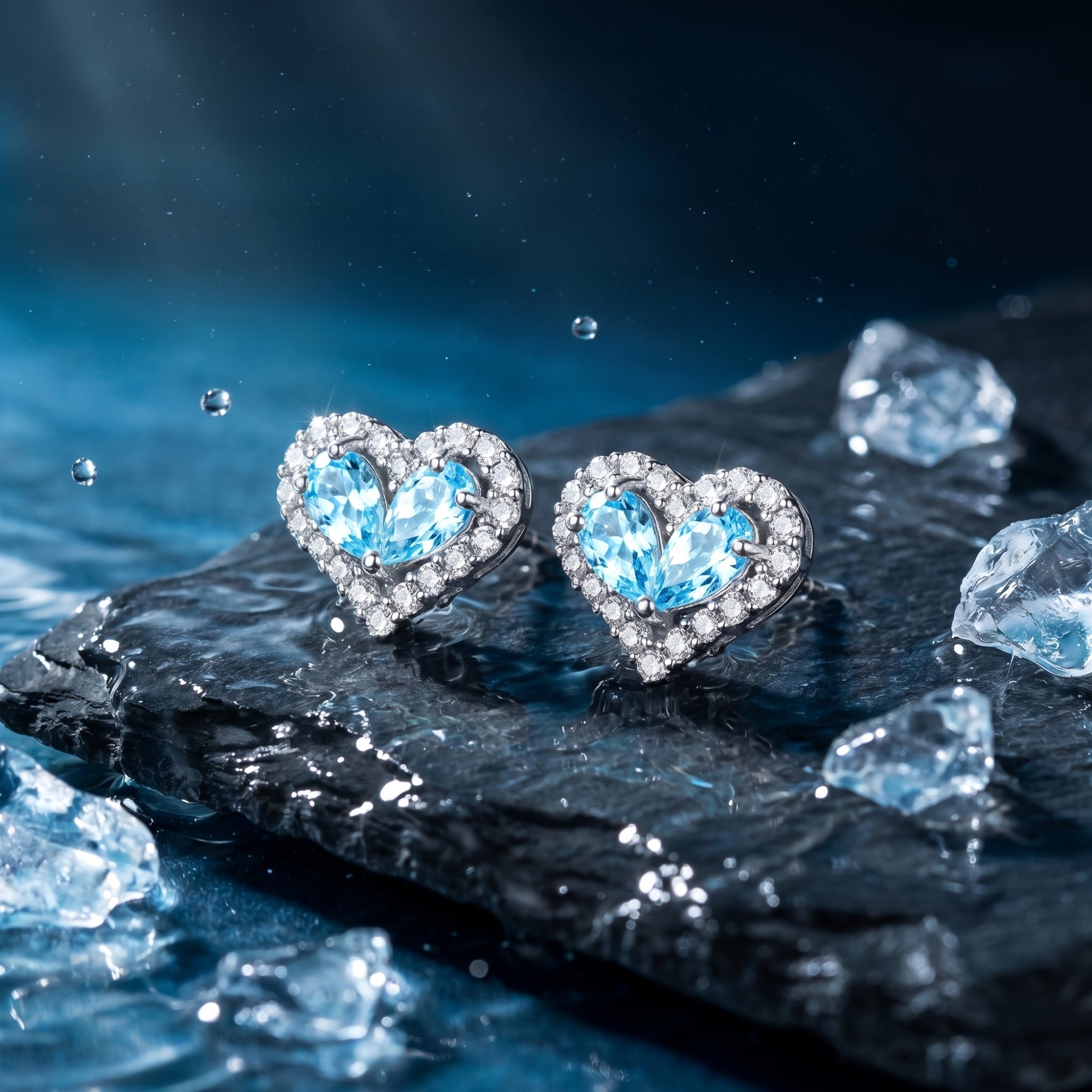Heart-shaped pear-cut natural aquamarine halo stud earrings in white gold on a wet stone with water splashes.