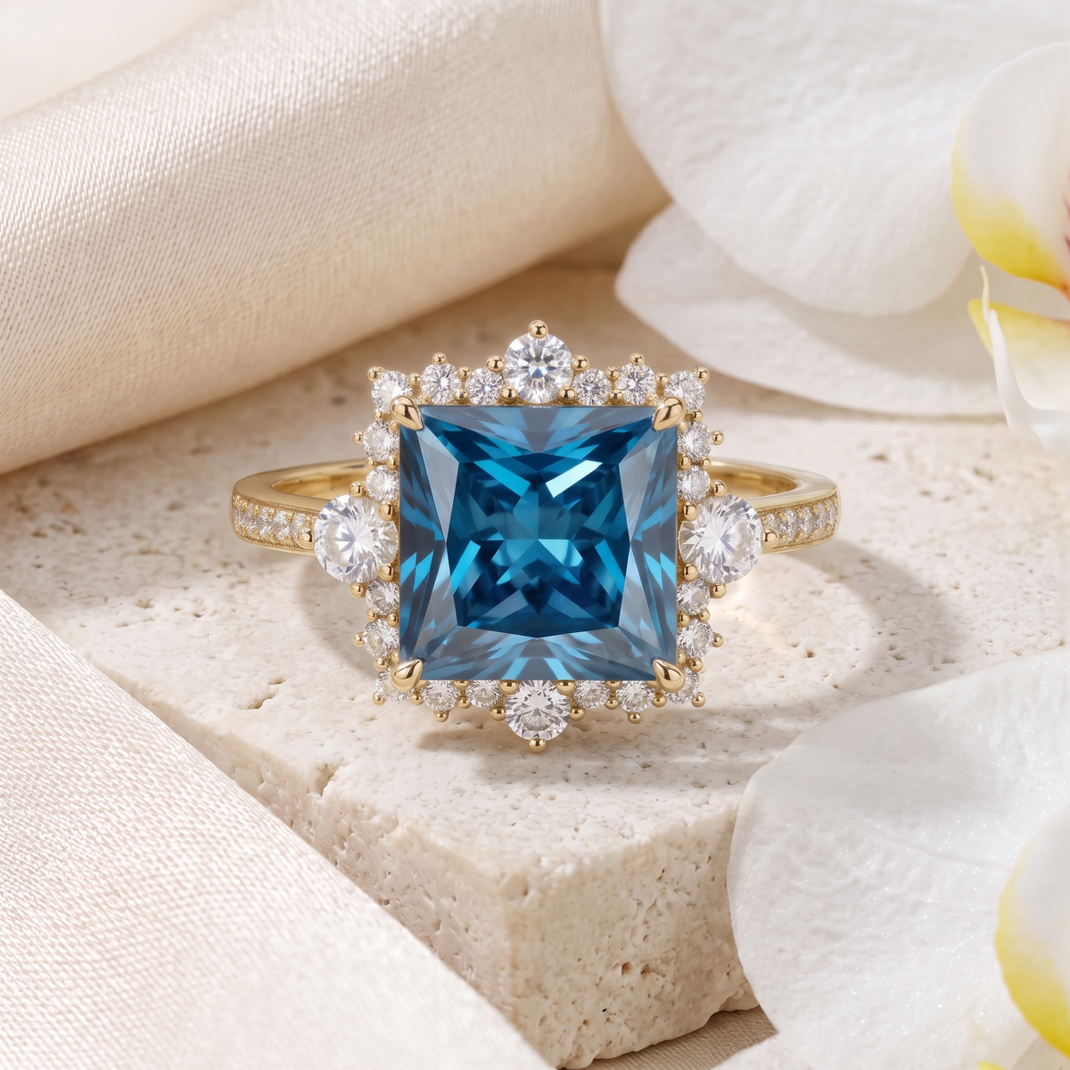 Yellow gold halo engagement ring featuring a square princess-cut blue center stone surrounded by sparkling accents.