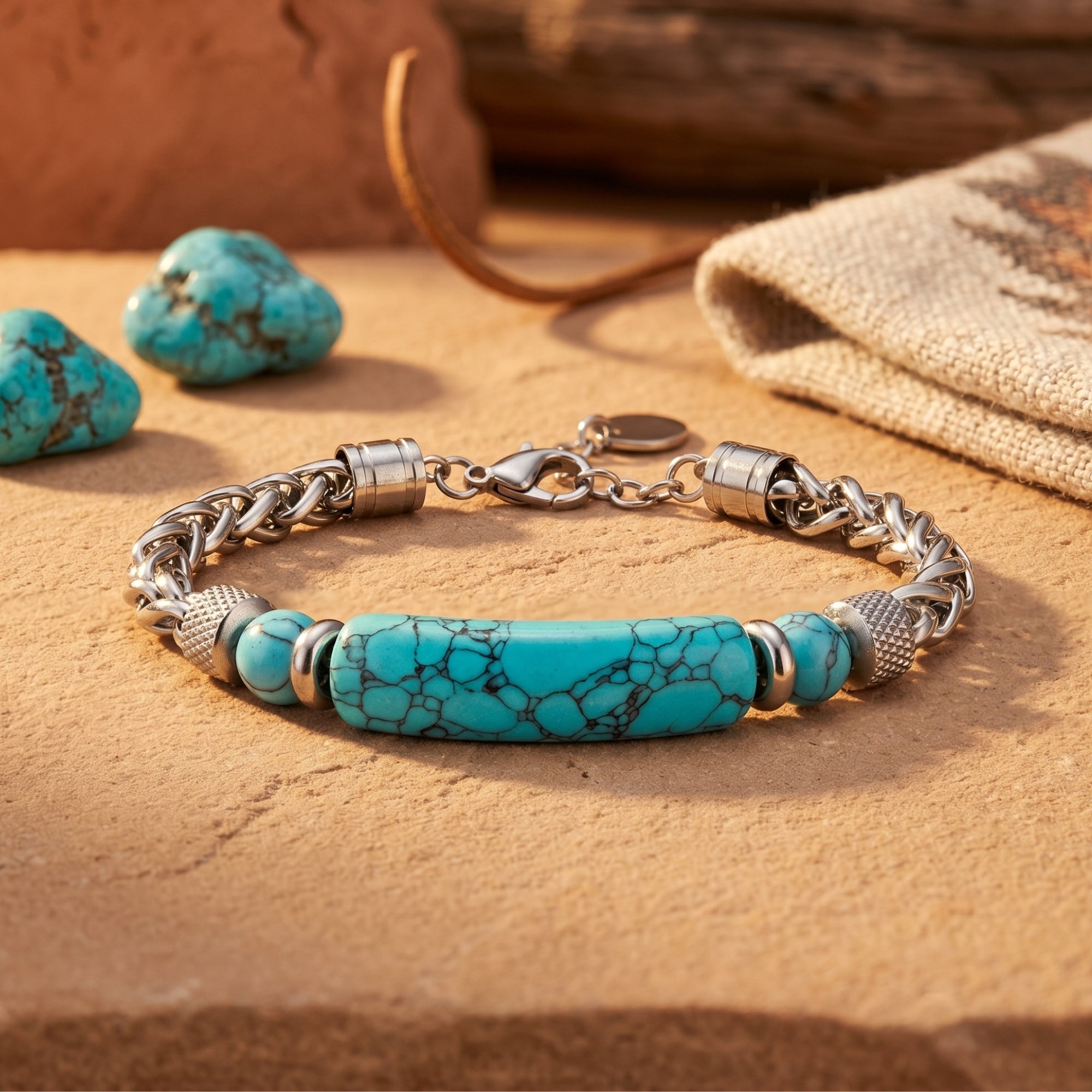 Silver stainless steel wheat chain bracelet with a turquoise-hued focal bar on a desert-themed stone surface.