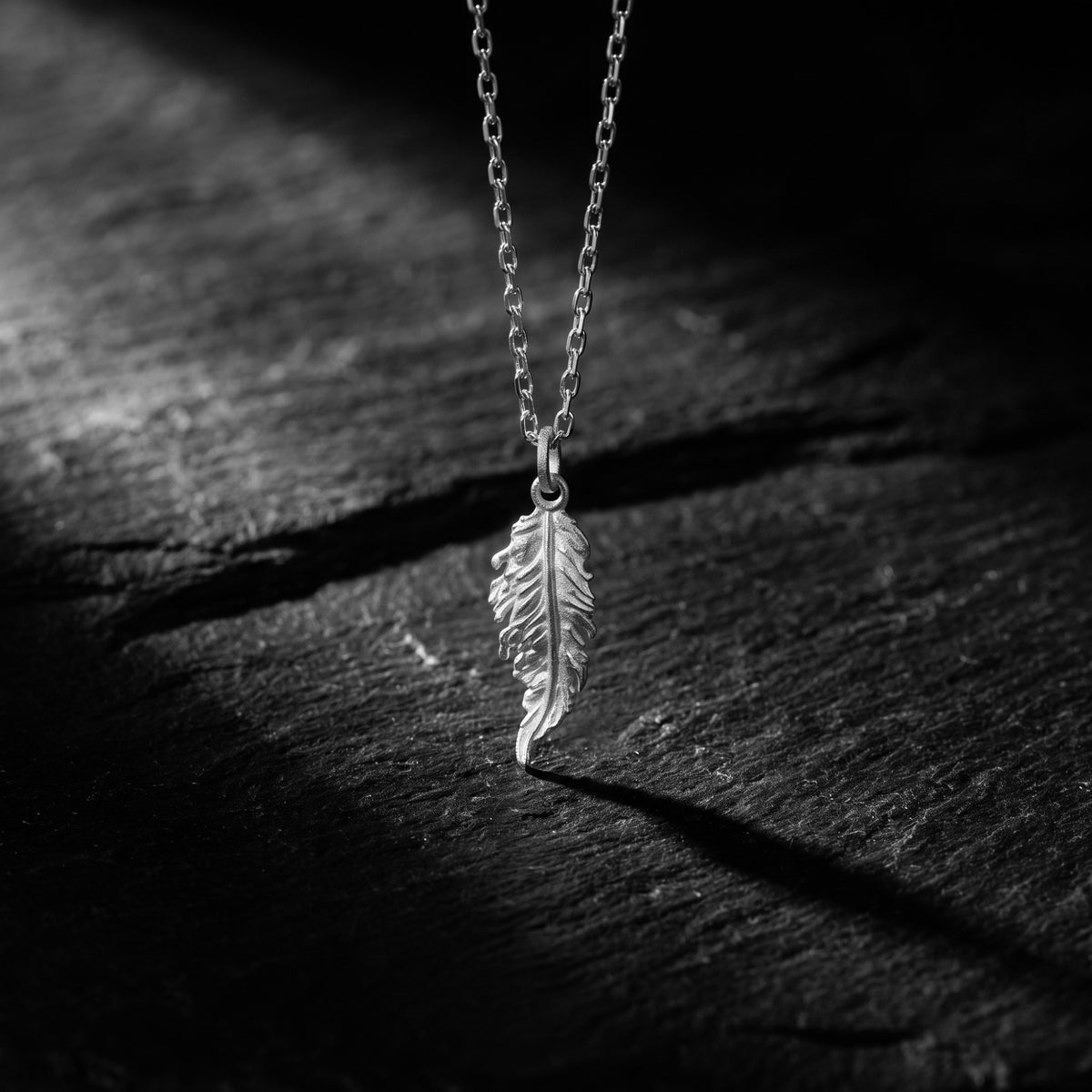 Silver feather pendant necklace hanging vertically against dark slate in dramatic lighting.