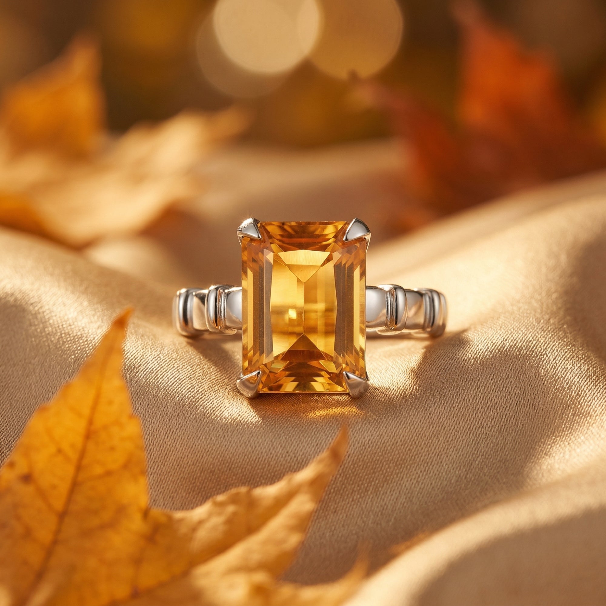 Emerald cut natural citrine ring in silver, styled on gold silk with autumn leaves.