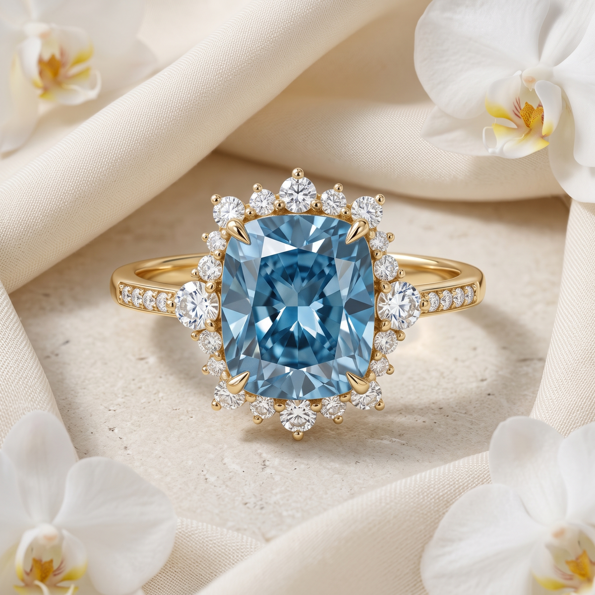 Front view of a yellow gold cushion-cut blue moissanite halo ring.
