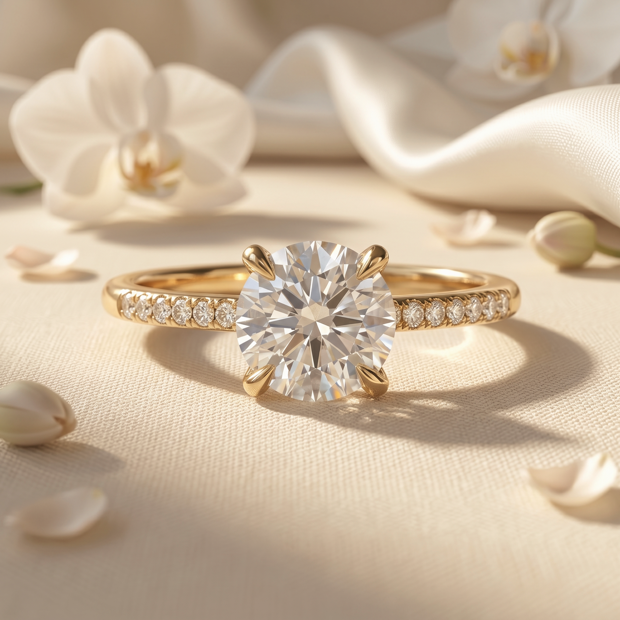 A yellow gold moissanite engagement ring with a round-cut center stone and pavé diamond band set on elegant silk.