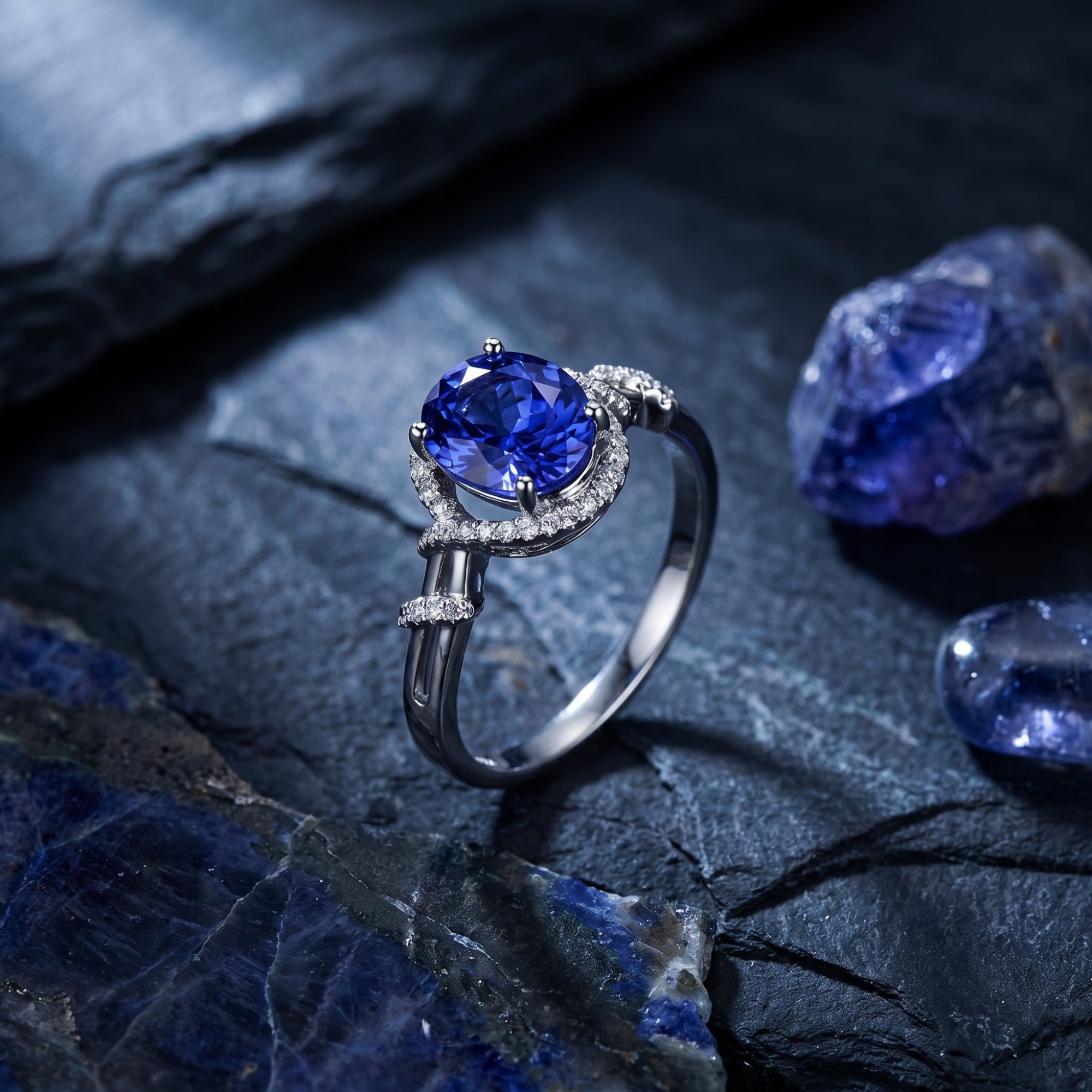 Oval tanzanite and diamond halo ring in 18K white gold, styled on dark slate with raw tanzanite crystals.