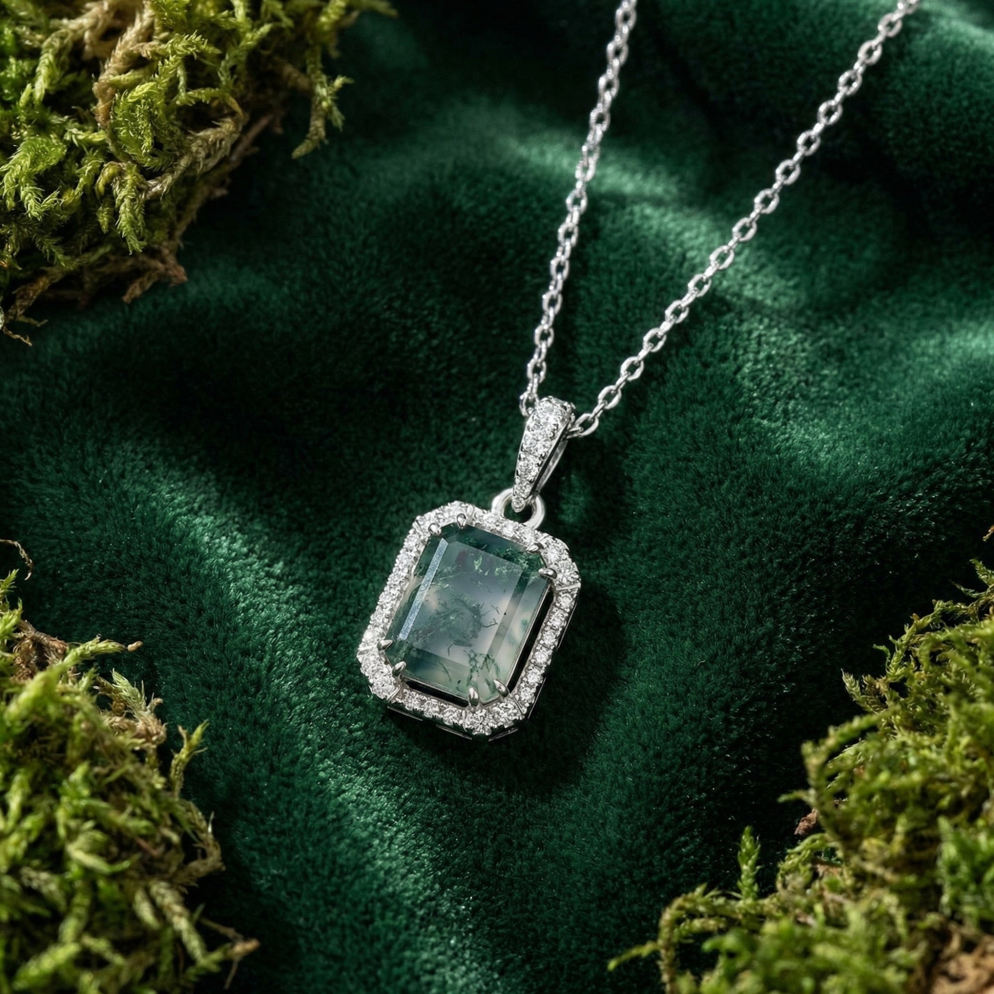 Glanzende Rechthoekige Hanger Ketting met Mosagaat - S925 Sterling Zilver