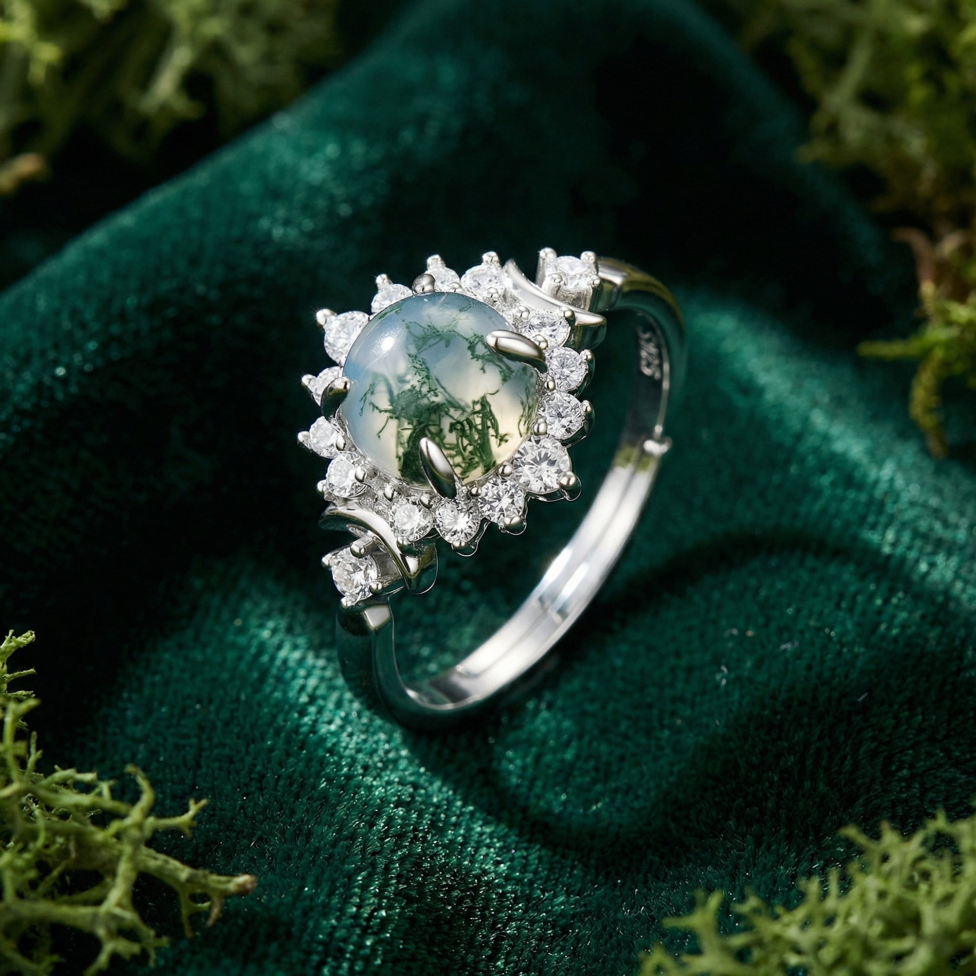 Round Natural Moss Agate Floral Halo Ring - S925 Sterling Silver