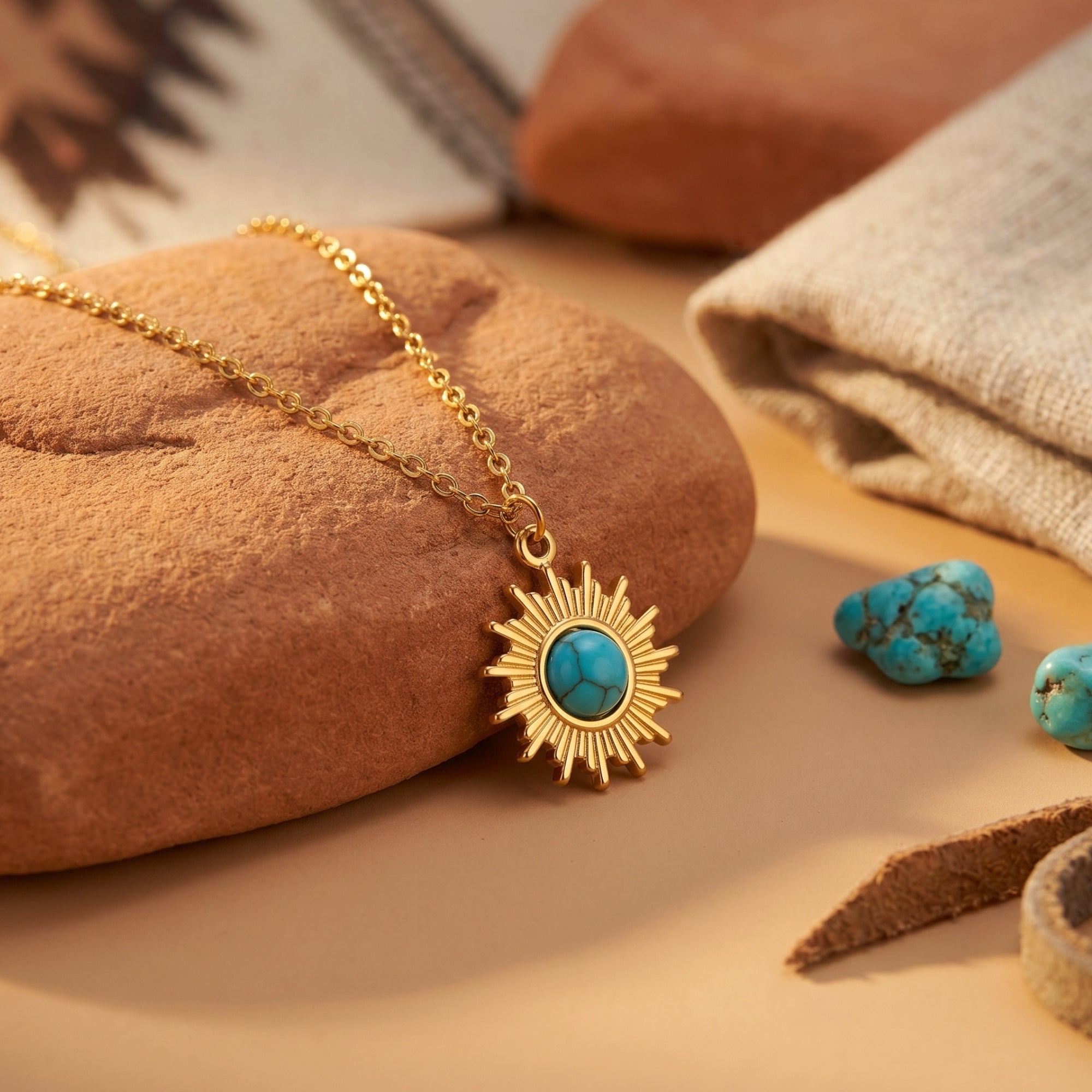 Gold sunburst pendant necklace with a turquoise stone on a desert rock in a lifestyle setting.