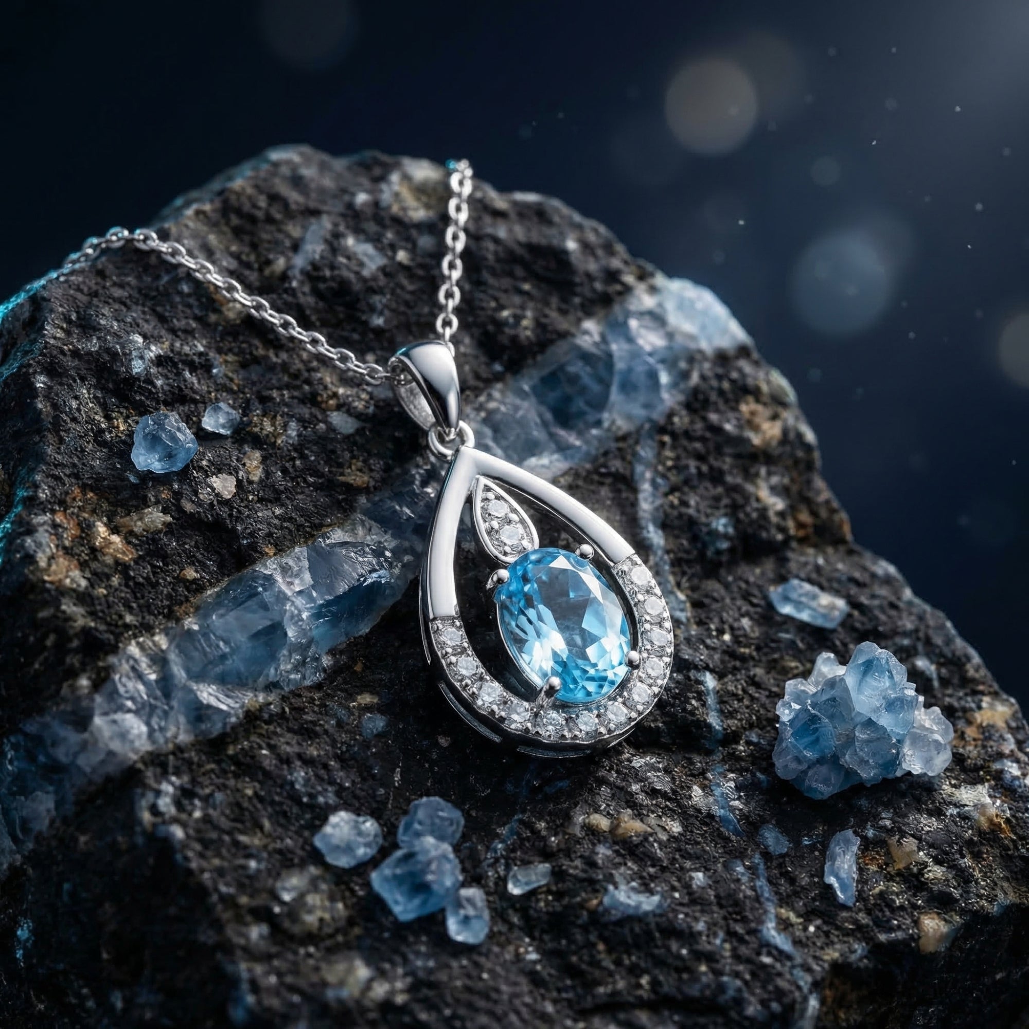 Oval cut blue topaz silver pendant necklace displayed on a dark rock with raw blue crystal fragments.