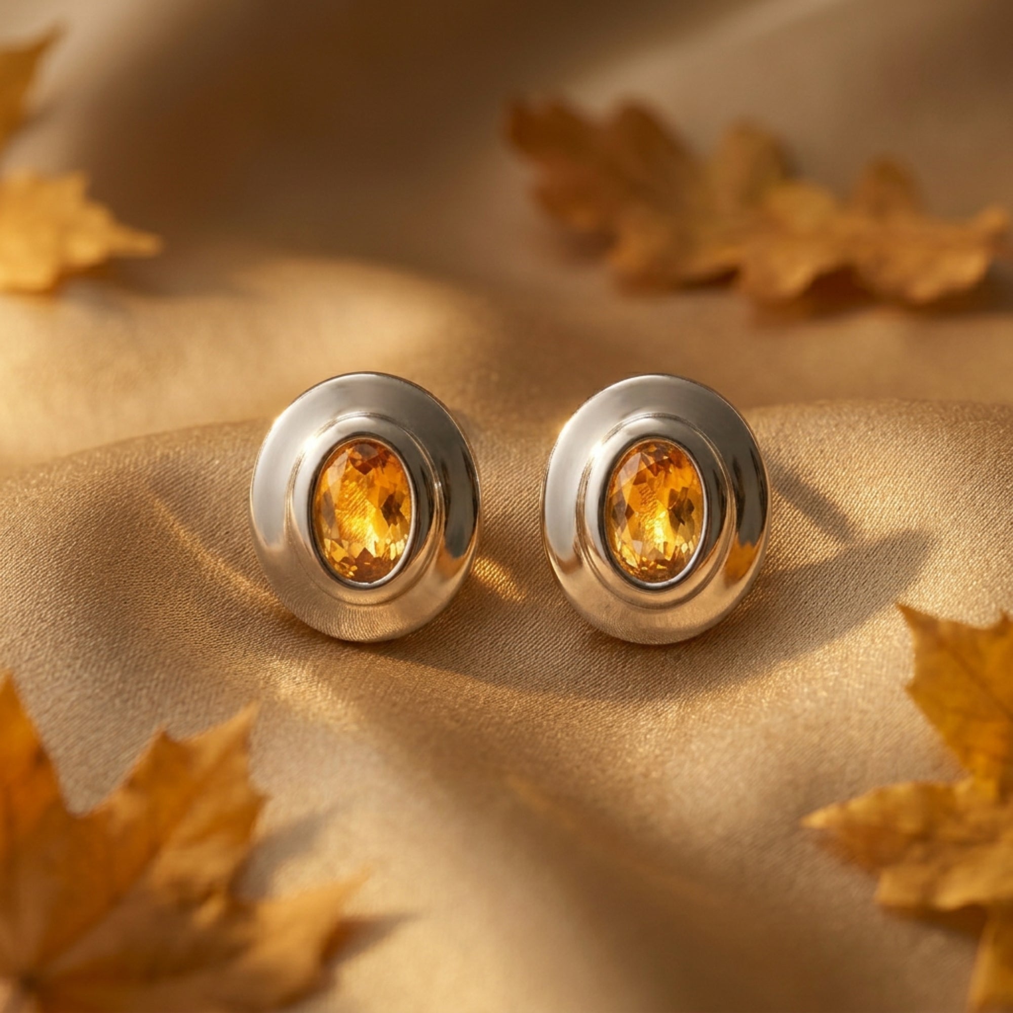 Oval cut citrine earrings in silver on a gold fabric background with autumn leaves.