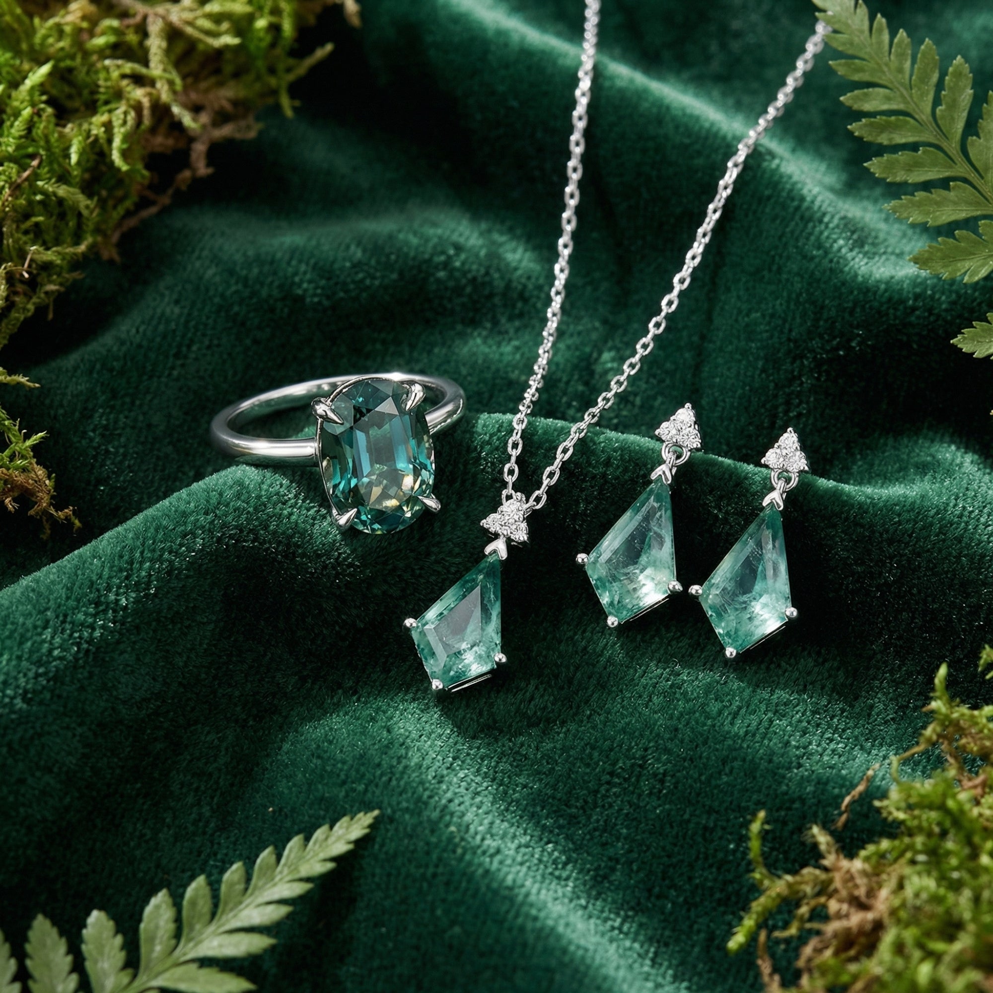 Silver jewelry set with oval green moissanite ring and kite-cut moss agate necklace and earrings on green velvet.