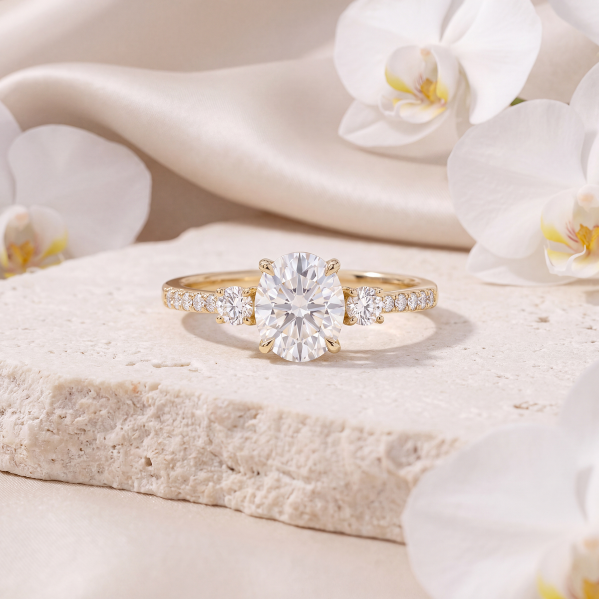 Front-facing view of a yellow gold oval moissanite three-stone engagement ring with pavé side stones on a textured stone surface.