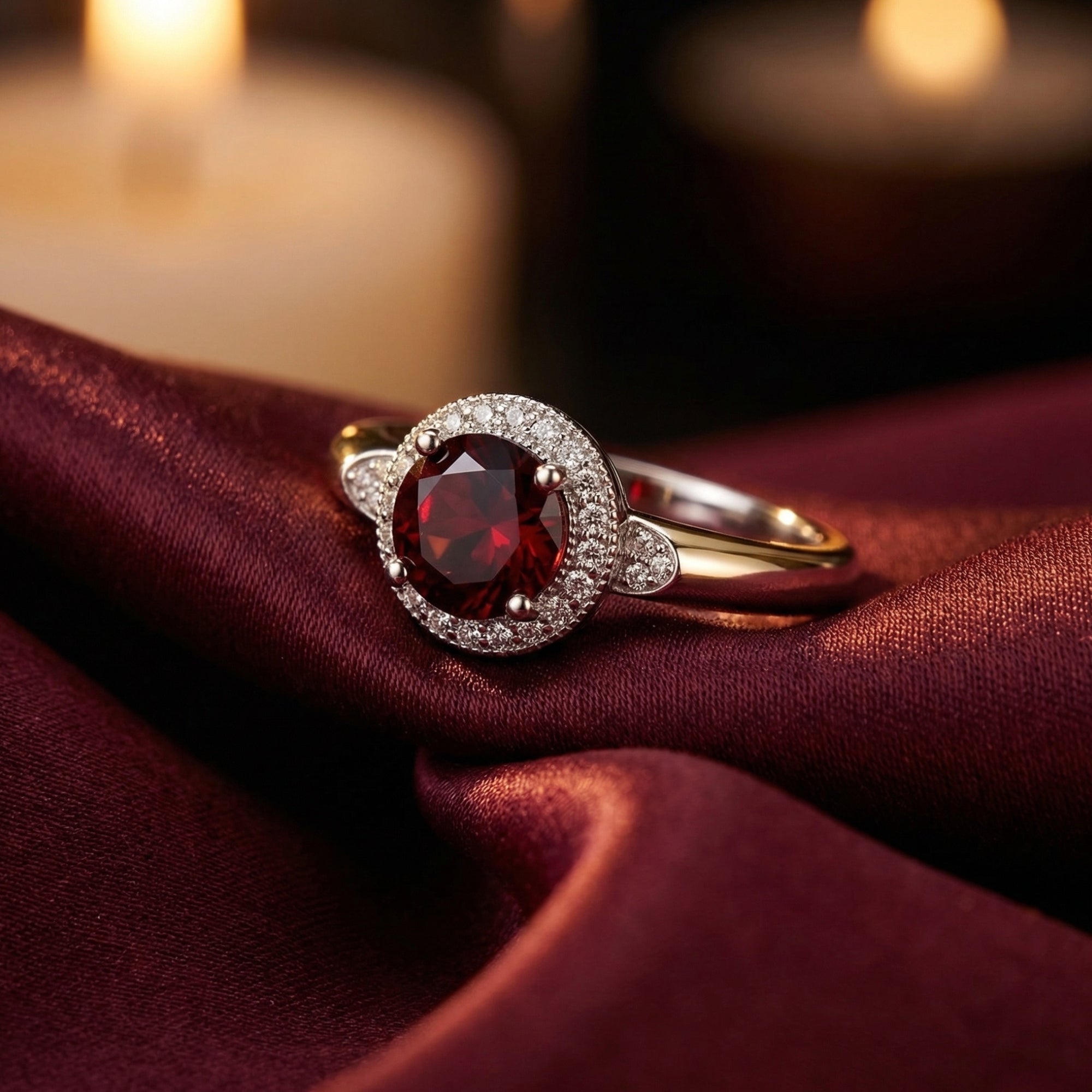 Sterling silver round garnet halo ring resting on draped burgundy silk fabric with soft candle lighting.