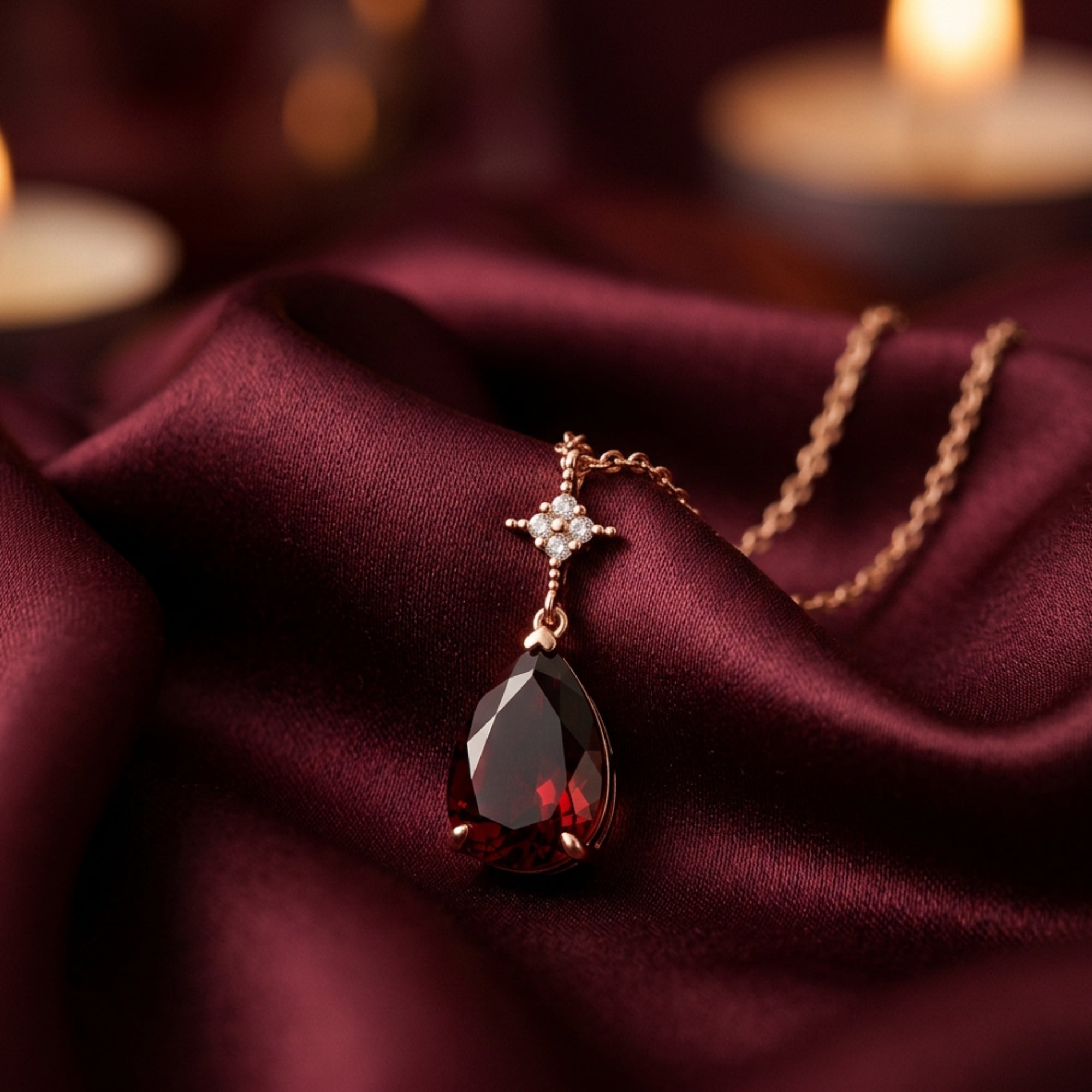 Fiorenza pear-cut garnet necklace in 18K rose gold resting on elegant burgundy silk with soft candle lighting.