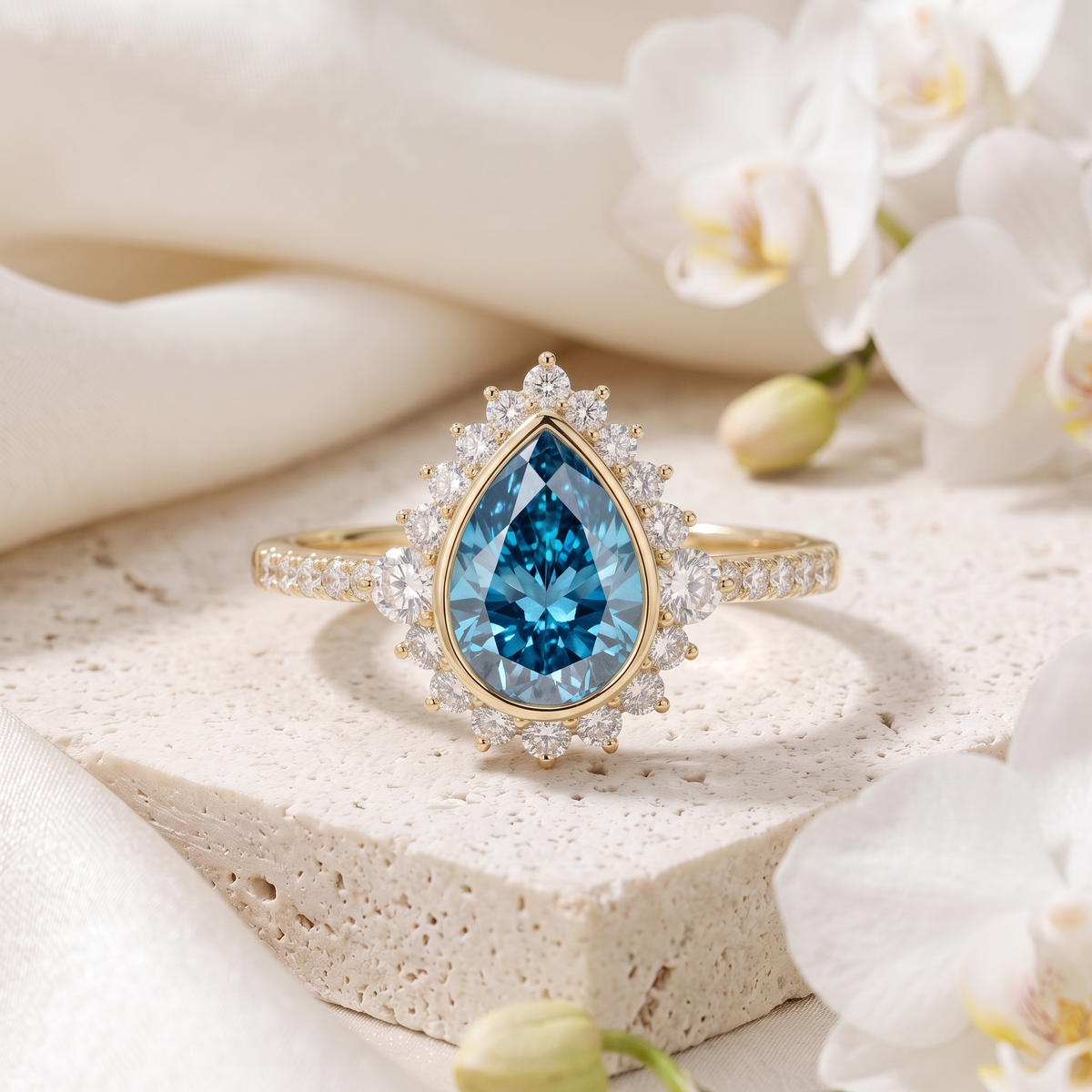 Pear cut blue moissanite sunburst halo engagement ring in yellow gold resting on a stone display.