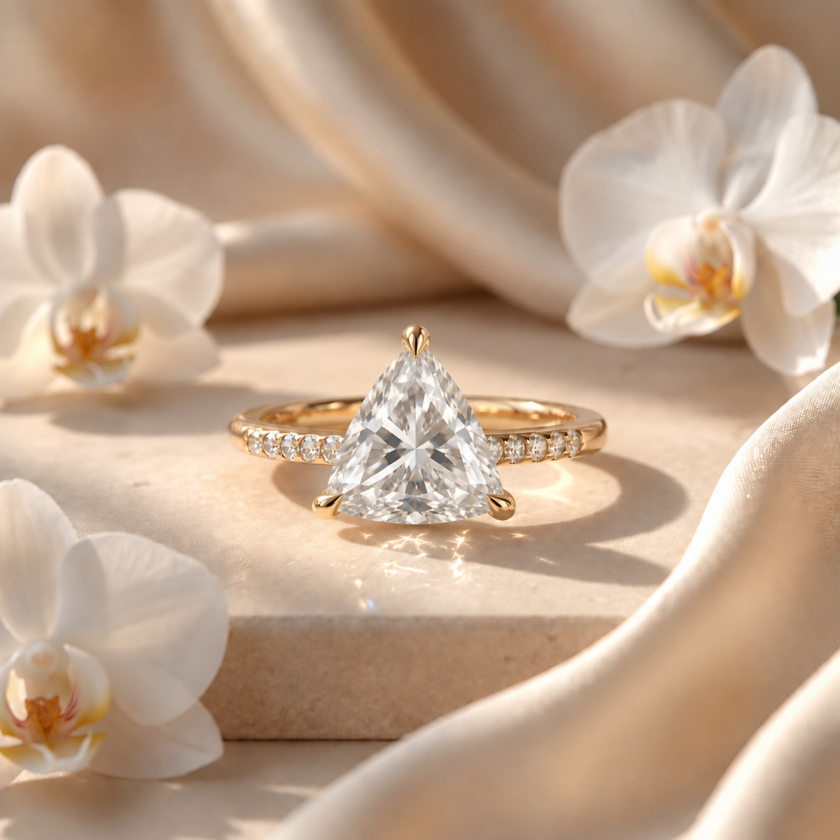 A yellow gold trillion-cut moissanite engagement ring with a pavé band resting on a beige surface with white orchids.