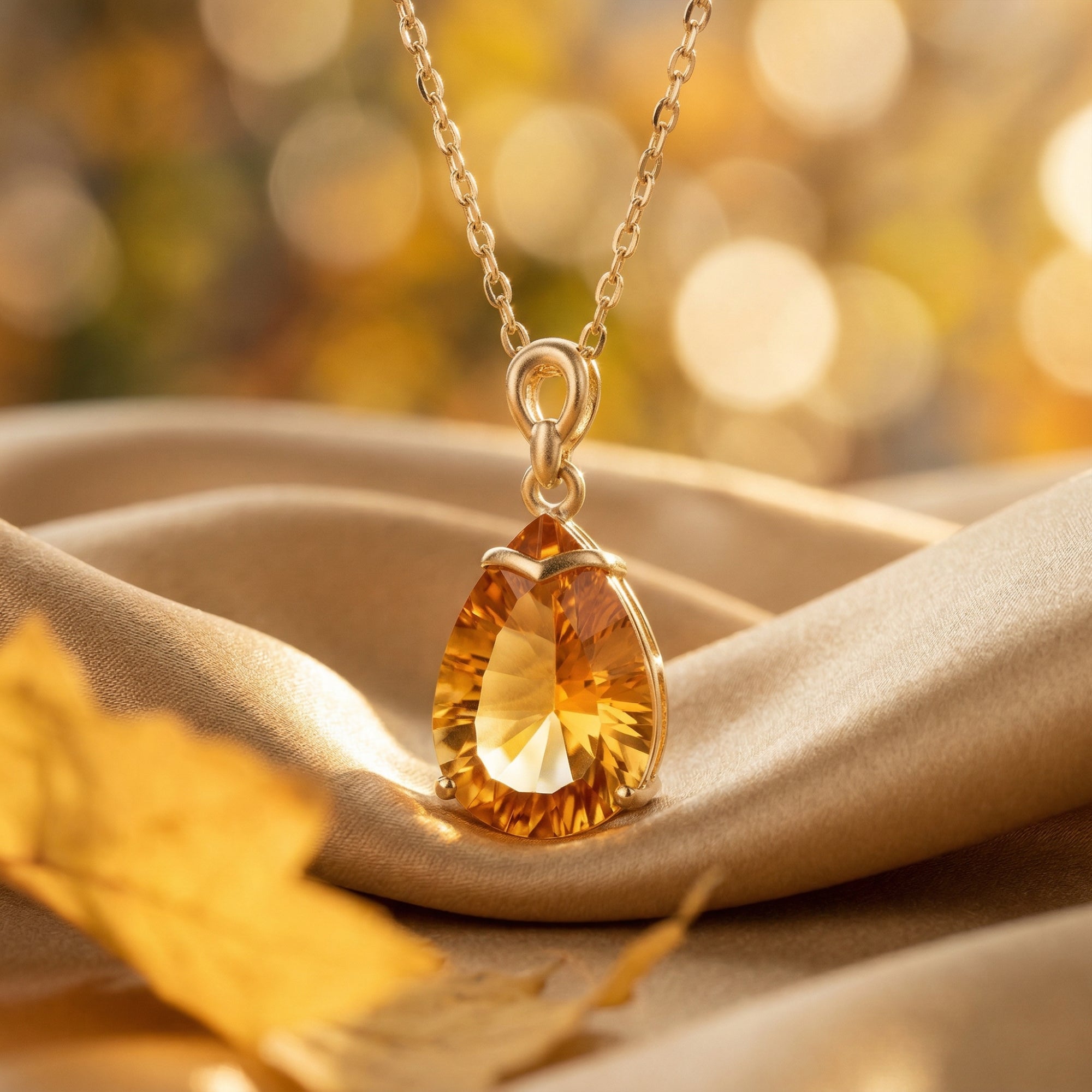 Pear-cut citrine pendant in 18K yellow gold resting on gold silk fabric with autumn leaves.