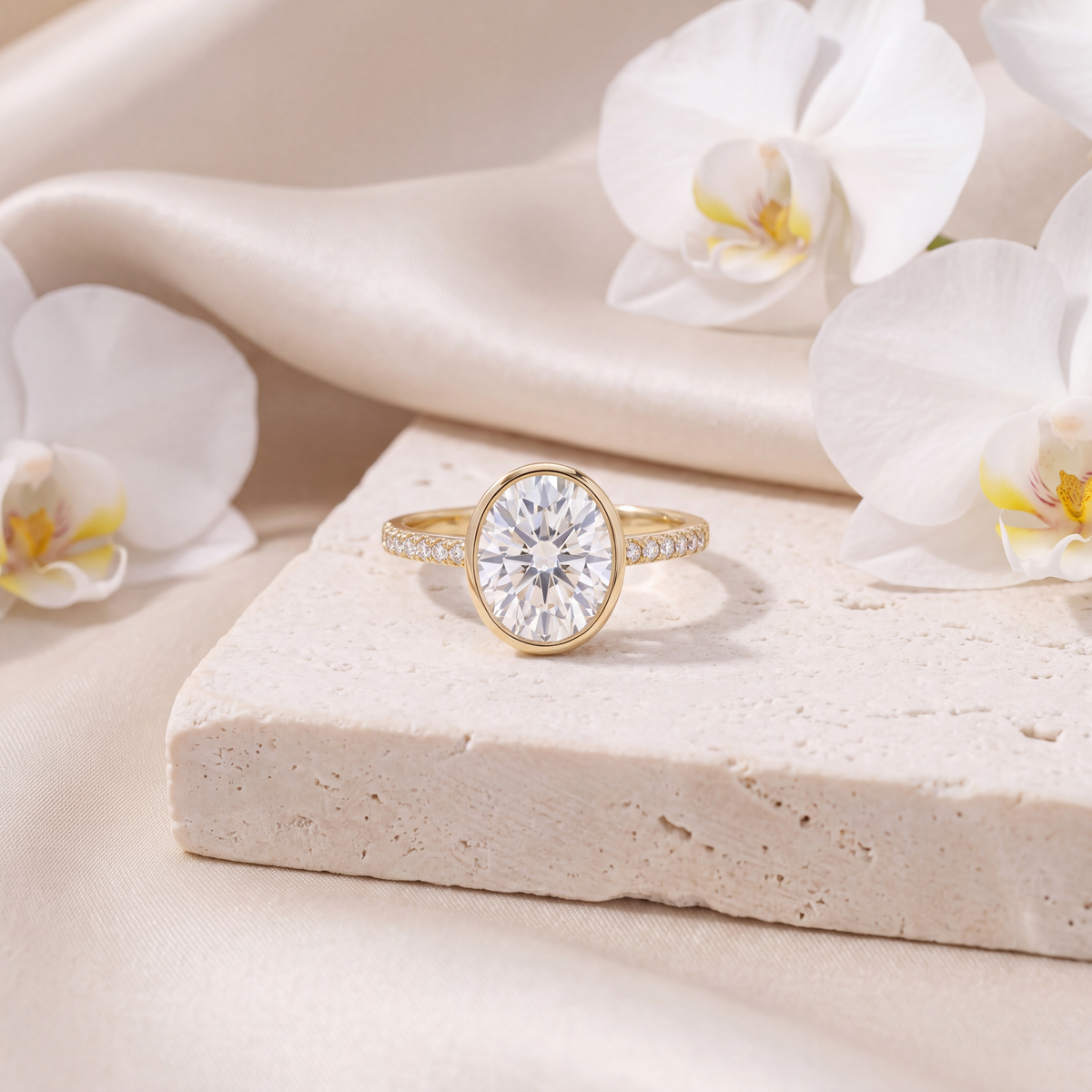 Gold bezel-set oval moissanite engagement ring with a pavé diamond band.