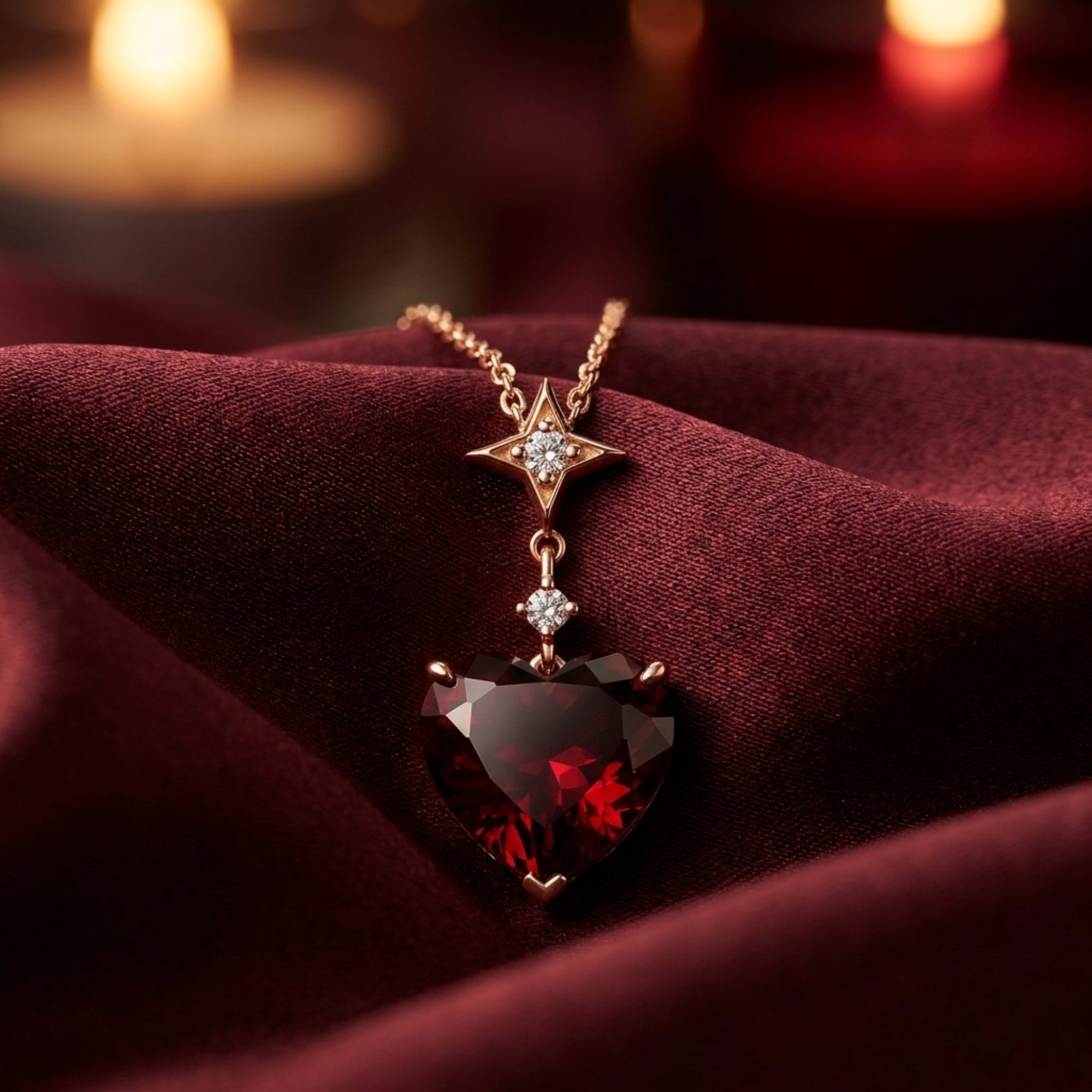 Heart-cut red garnet pendant on an 18K rose gold chain resting on dark red fabric with candle light.