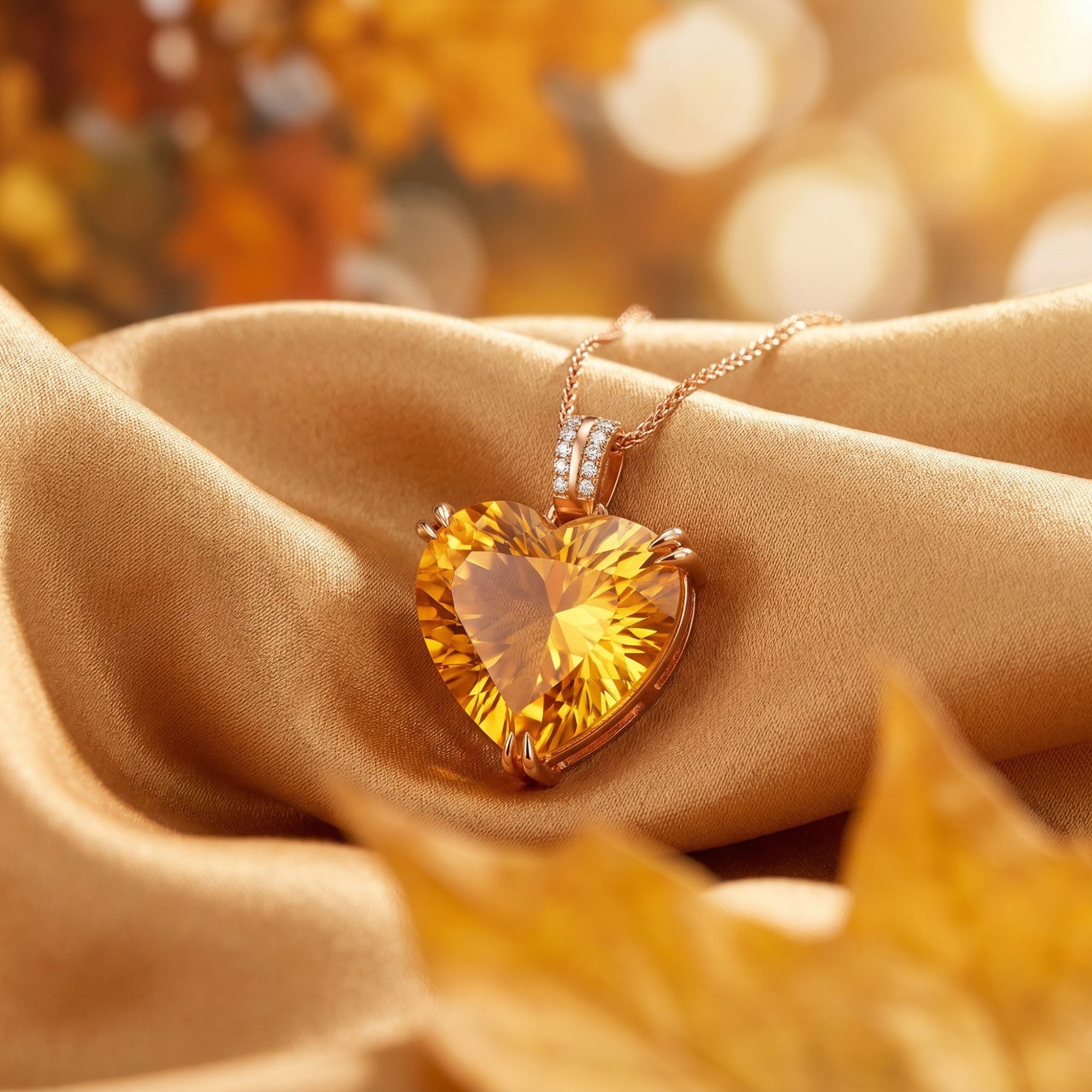 Heart-cut citrine pendant on an 18K rose gold chain resting on golden silk fabric with autumn leaves.