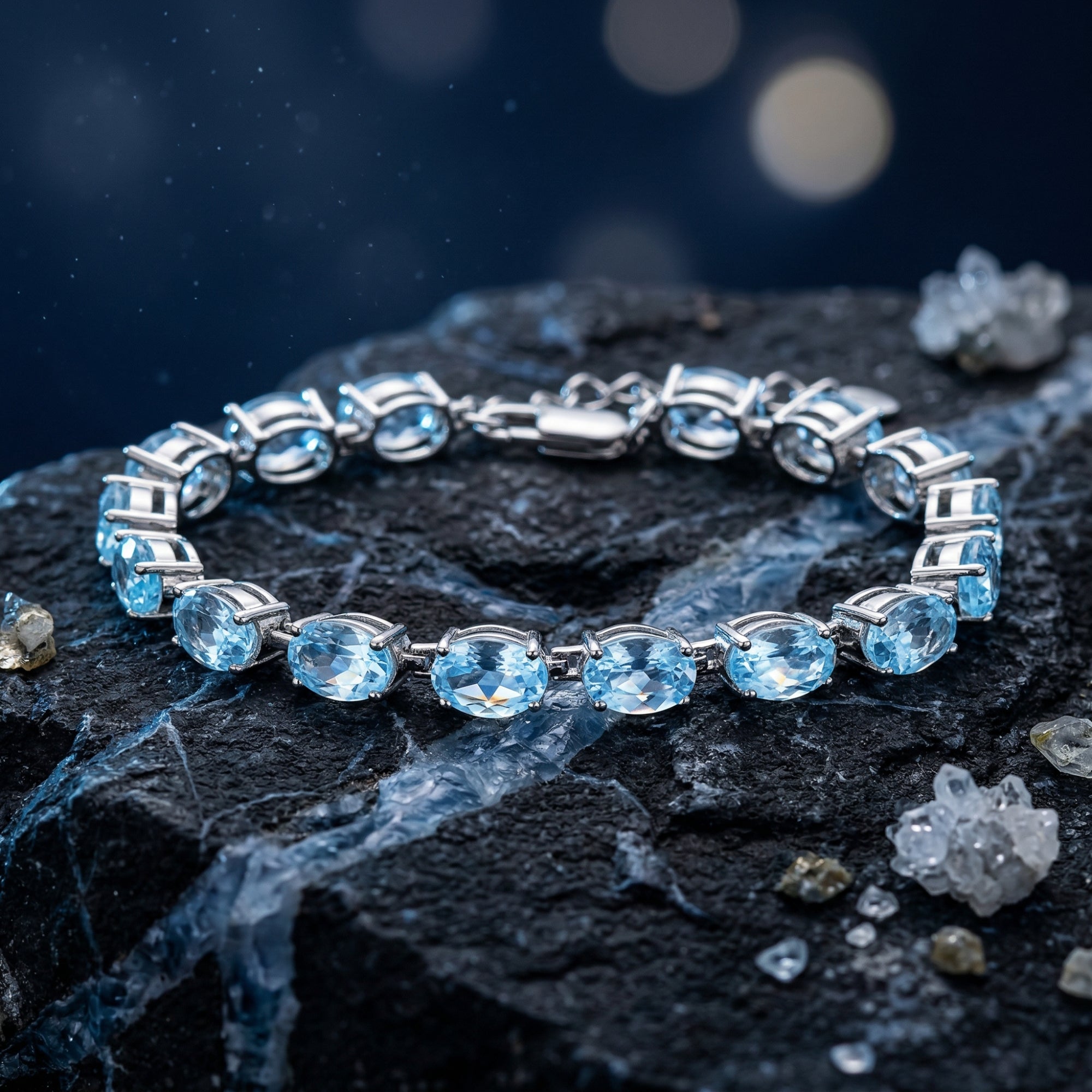 Oval cut blue topaz tennis bracelet in white gold resting on a dark textured rock with a bokeh background.