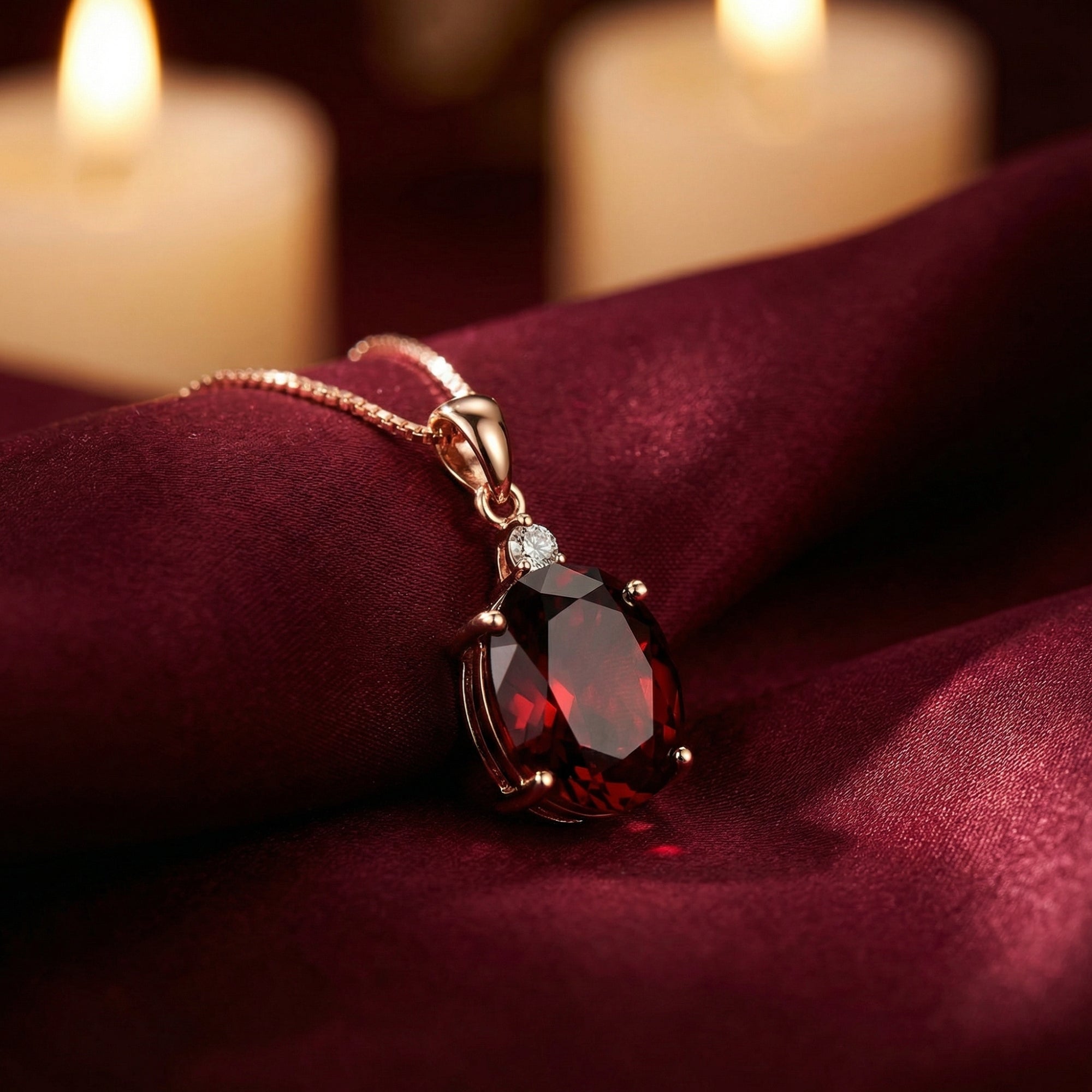 6ct oval natural garnet pendant in 18K rose gold resting on burgundy silk with soft candle lighting.