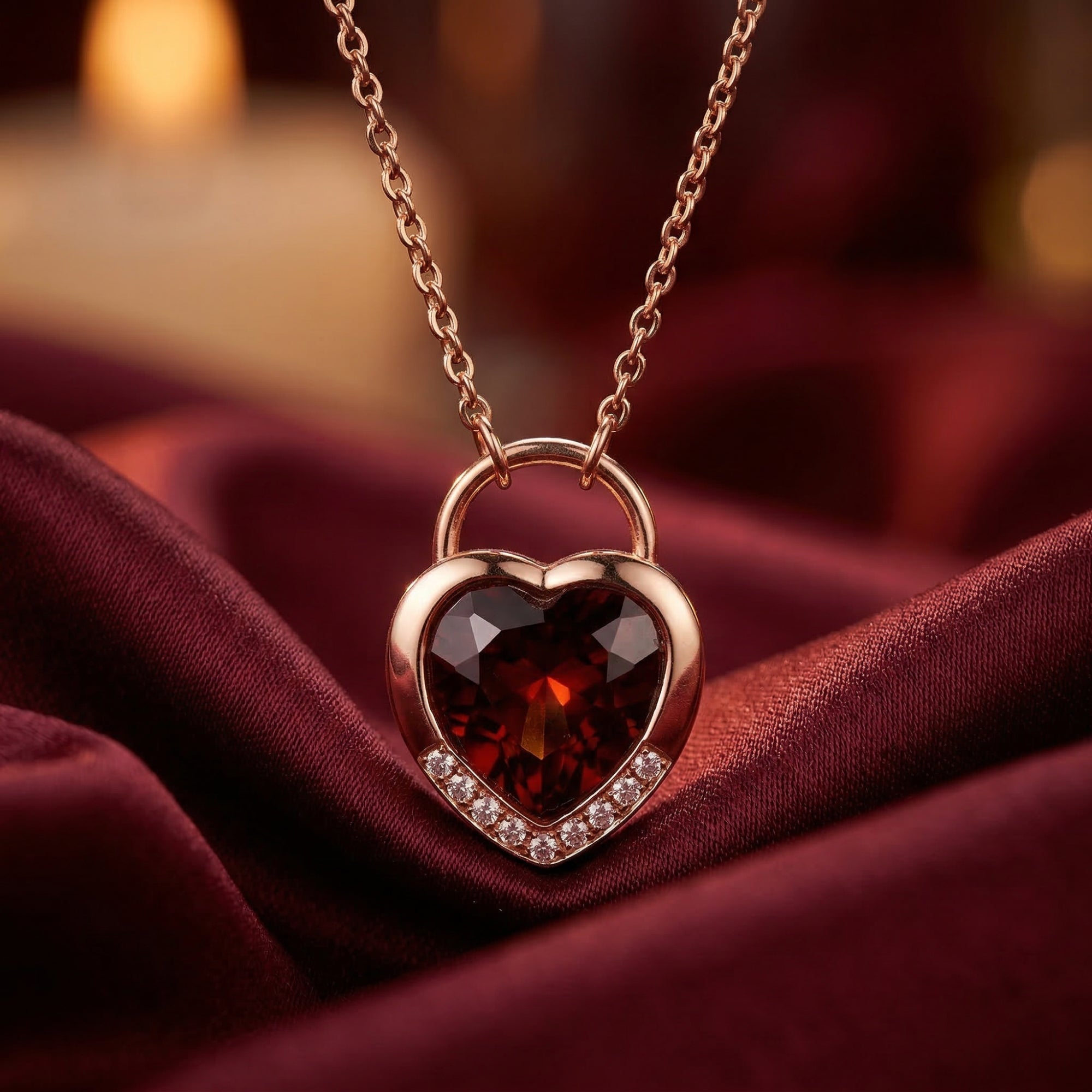 Heart-cut natural garnet pendant in 18K rose gold on a matching chain, resting on red silk fabric.