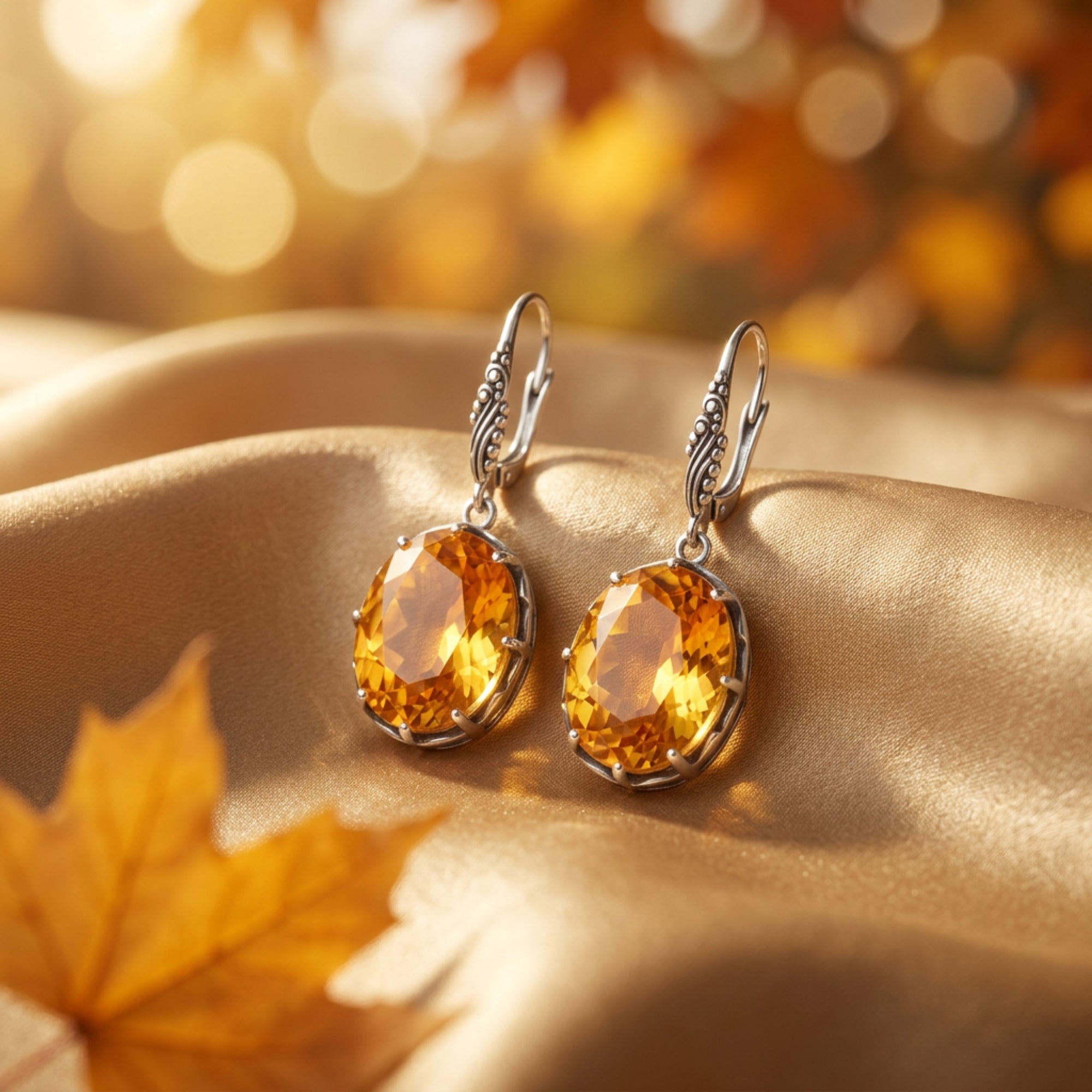 Silver oval cut citrine drop earrings resting on gold silk fabric with an autumn leaf in soft sunlight.