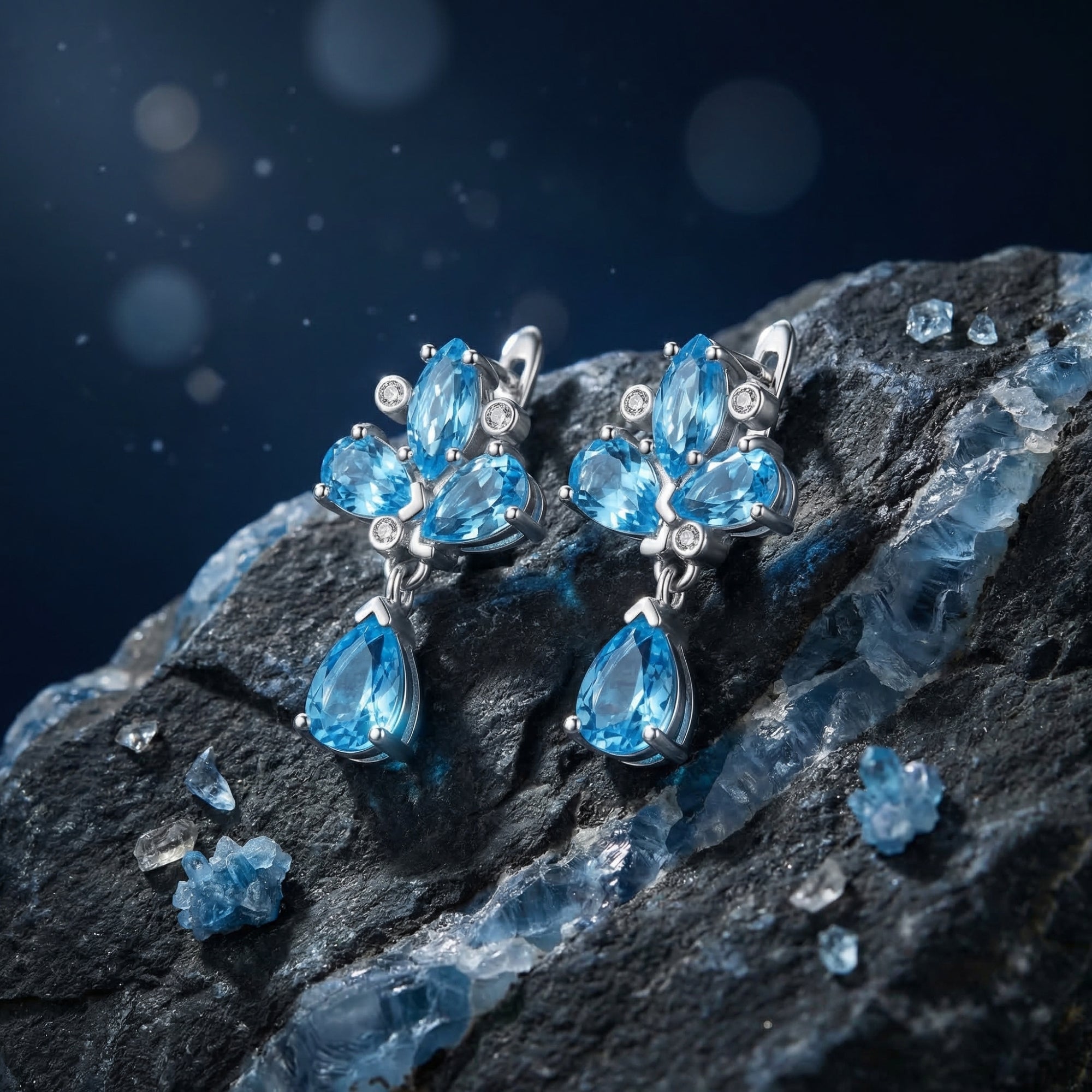 Silver drop earrings with pear and marquise cut Swiss blue topaz displayed on a dark textured rock.