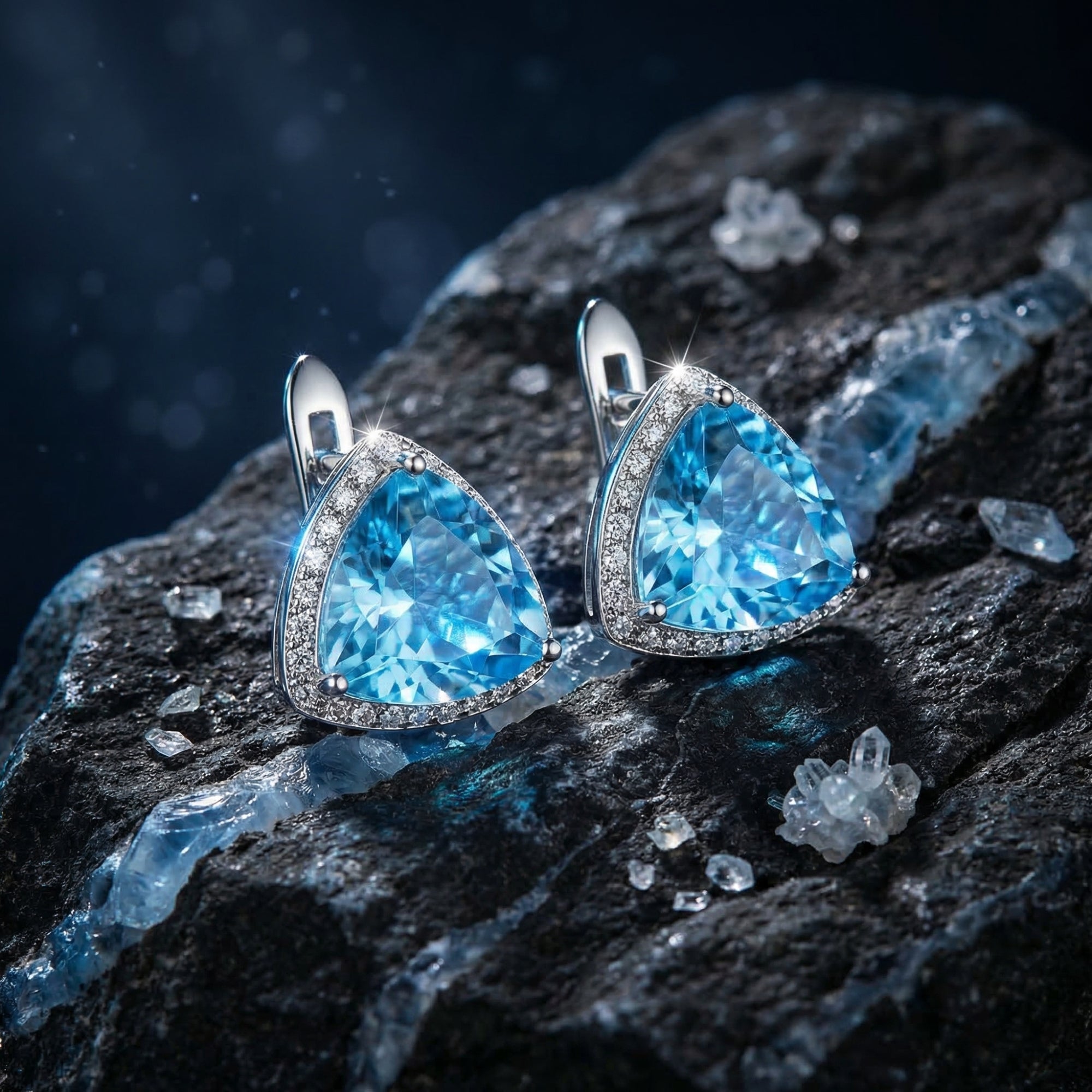 Triangle cut blue topaz drop earrings in silver with a halo, displayed on a dark textured rock background.