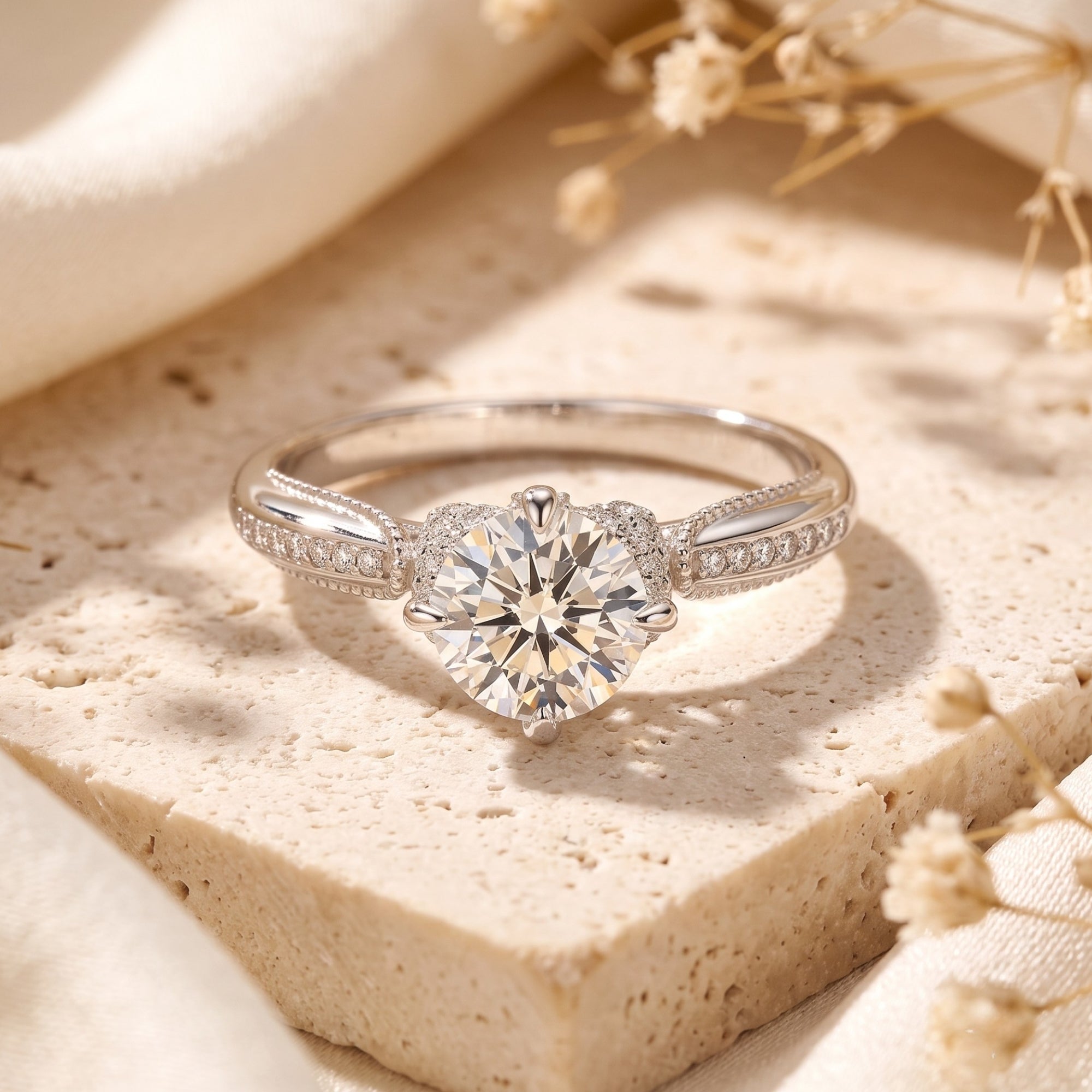 Silver S925 solitaire ring with round brilliant stone on a stone lifestyle background.