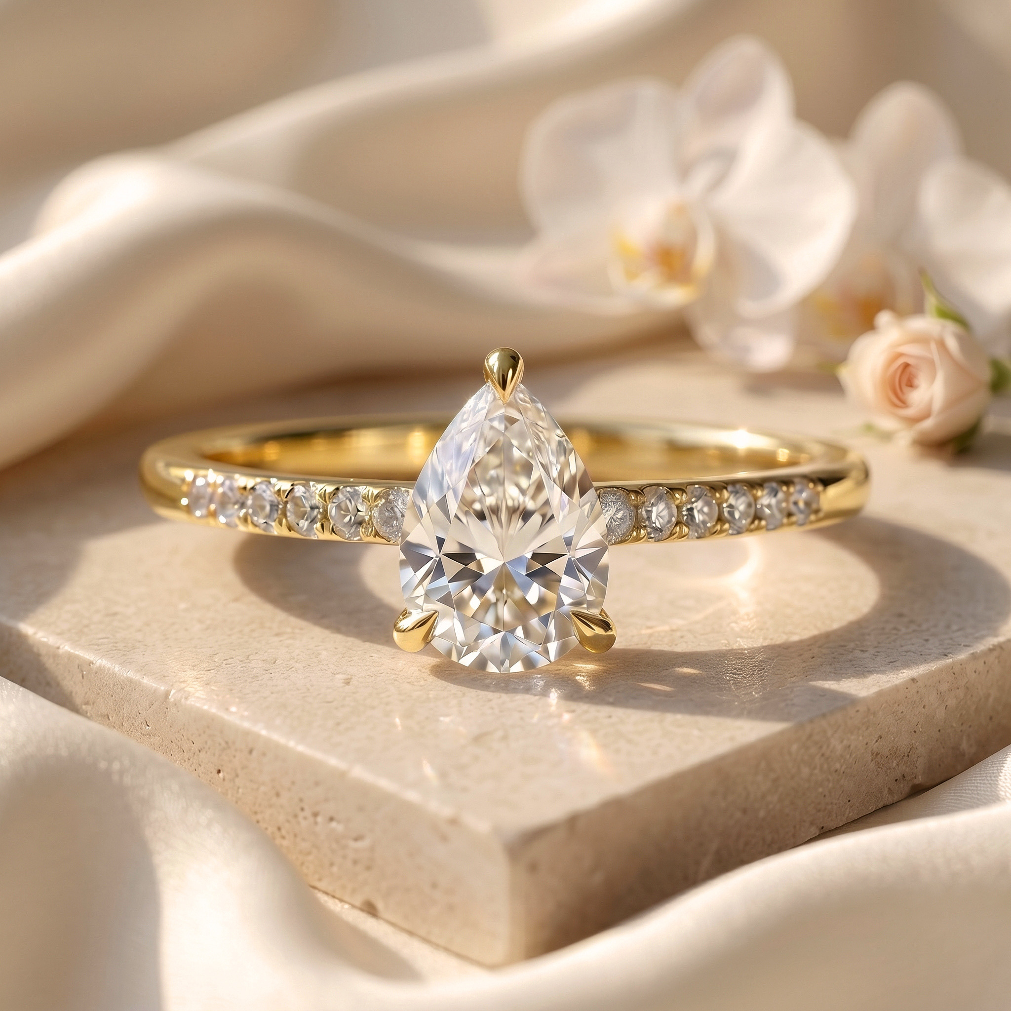 A stunning yellow gold pear-cut moissanite engagement ring with a pavé band, resting on a textured stone plate.