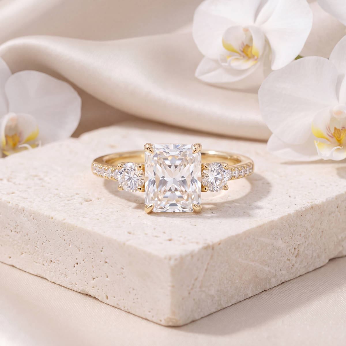 Radiant cut moissanite three-stone ring with round side stones in yellow gold.