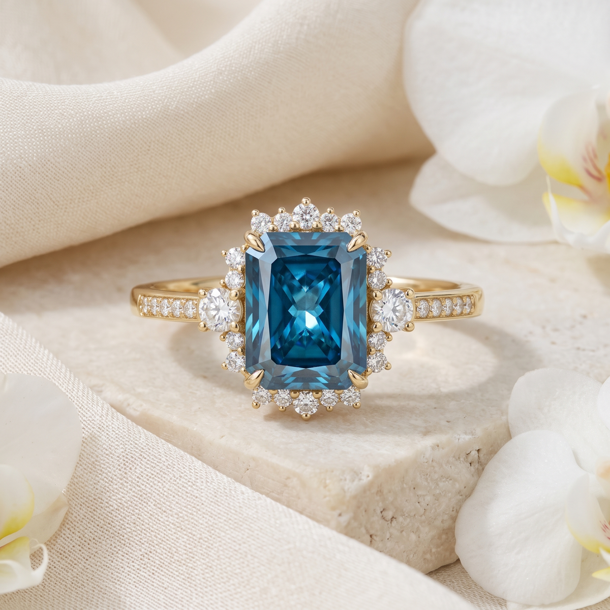 Emerald cut blue moissanite halo engagement ring in yellow gold displayed on stone.